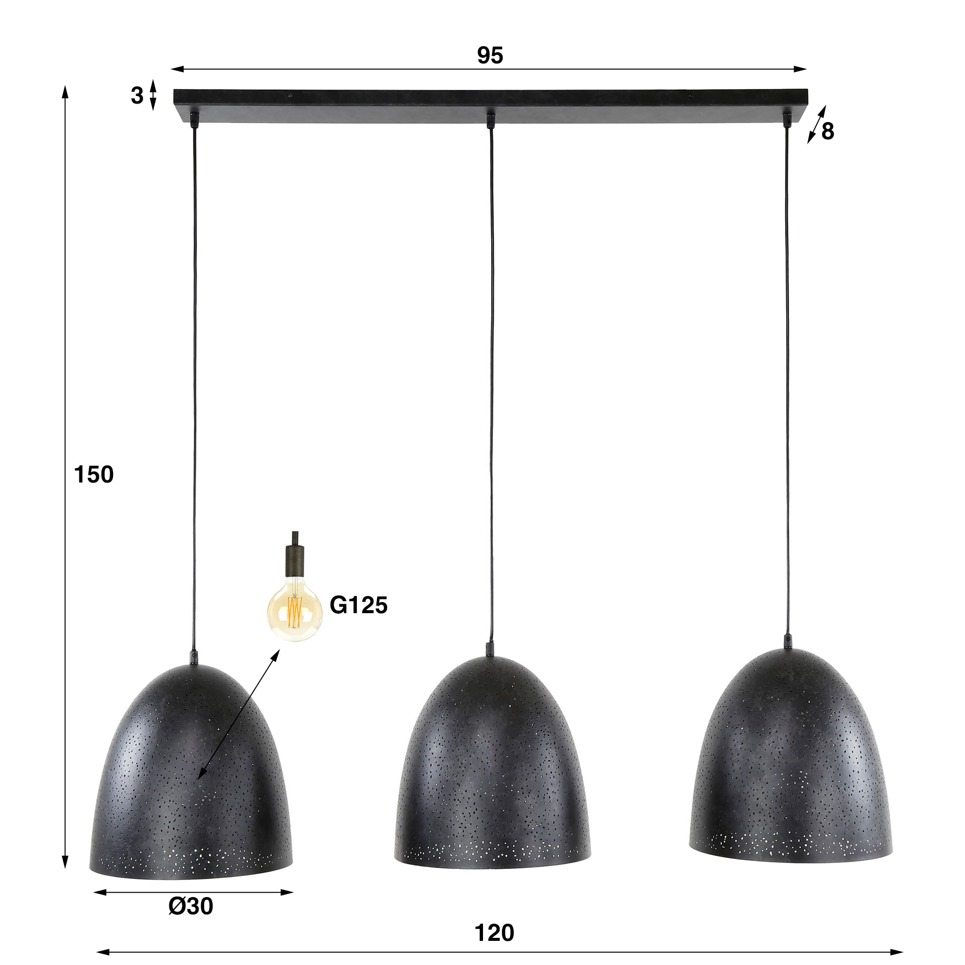 LifestyleFurn Hanglamp 'Marleigh' Charcoal, 3-lamps