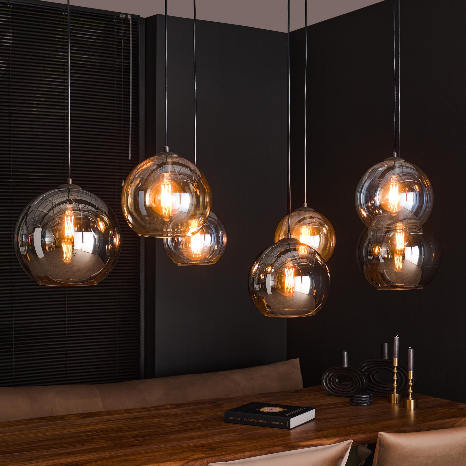 LifestyleFurn Hanglamp Willaim 7-lamps, Glas - Chroom, Amber en Grijs