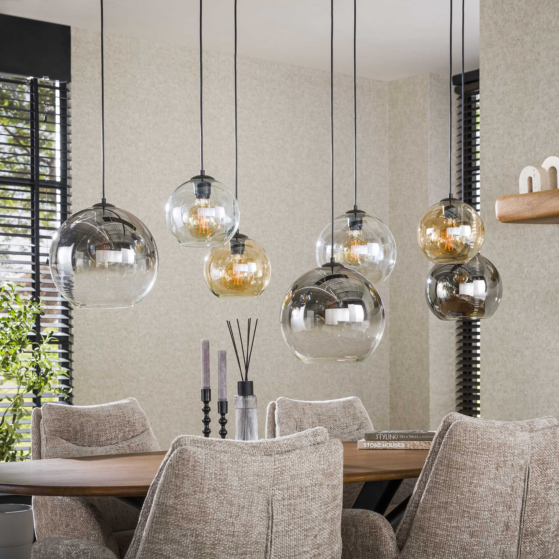 LifestyleFurn Hanglamp 'Willaim' 7-lamps, Glas, kleur Chroom, Amber en Grijs