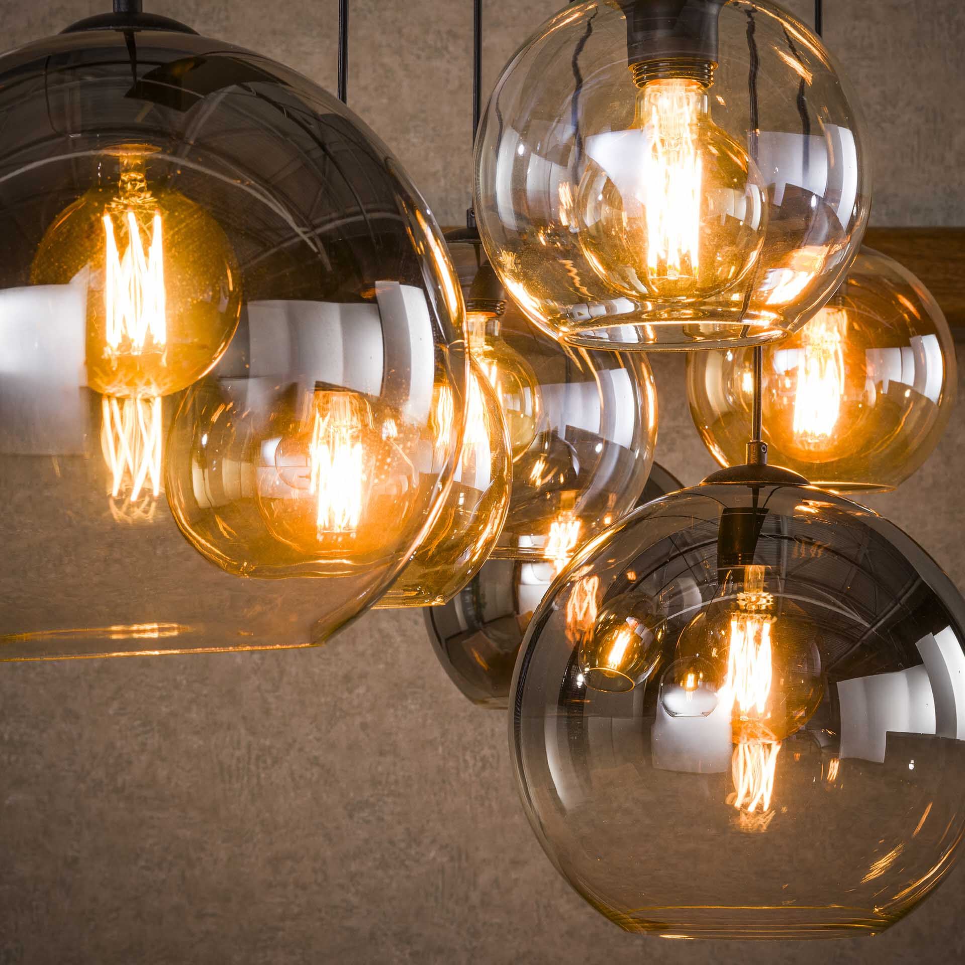 LifestyleFurn Hanglamp 'Willaim' 7-lamps, Glas, kleur Chroom, Amber en Grijs