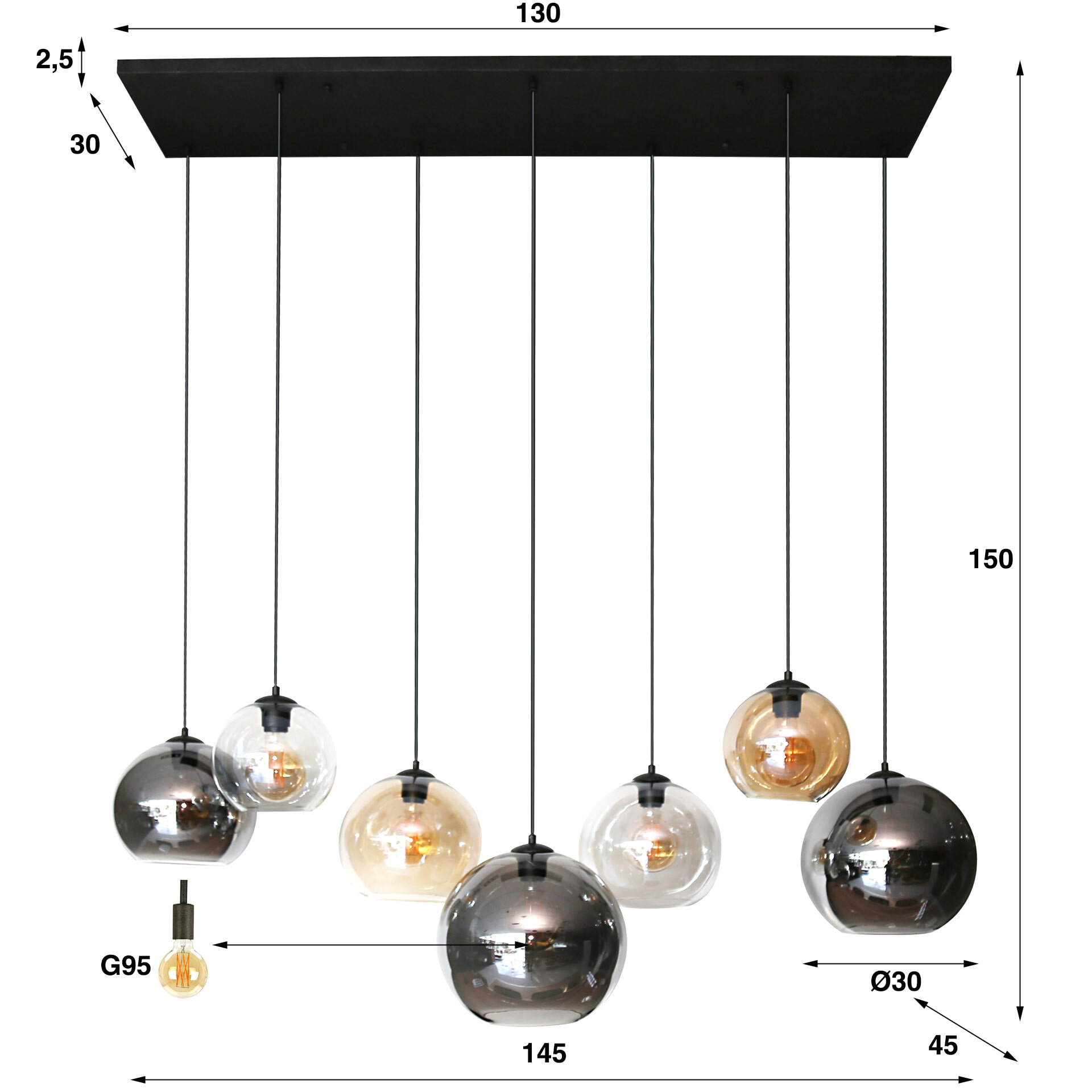 LifestyleFurn Hanglamp 'Willaim' 7-lamps, Glas, kleur Chroom, Amber en Grijs
