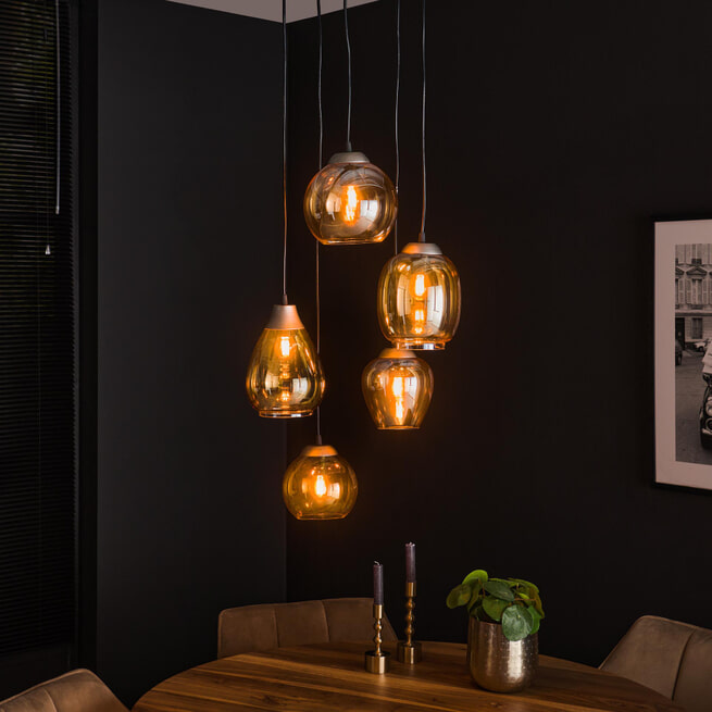 LifestyleFurn Hanglamp 'Francesco' 5-lamps, Glas, kleur Amber