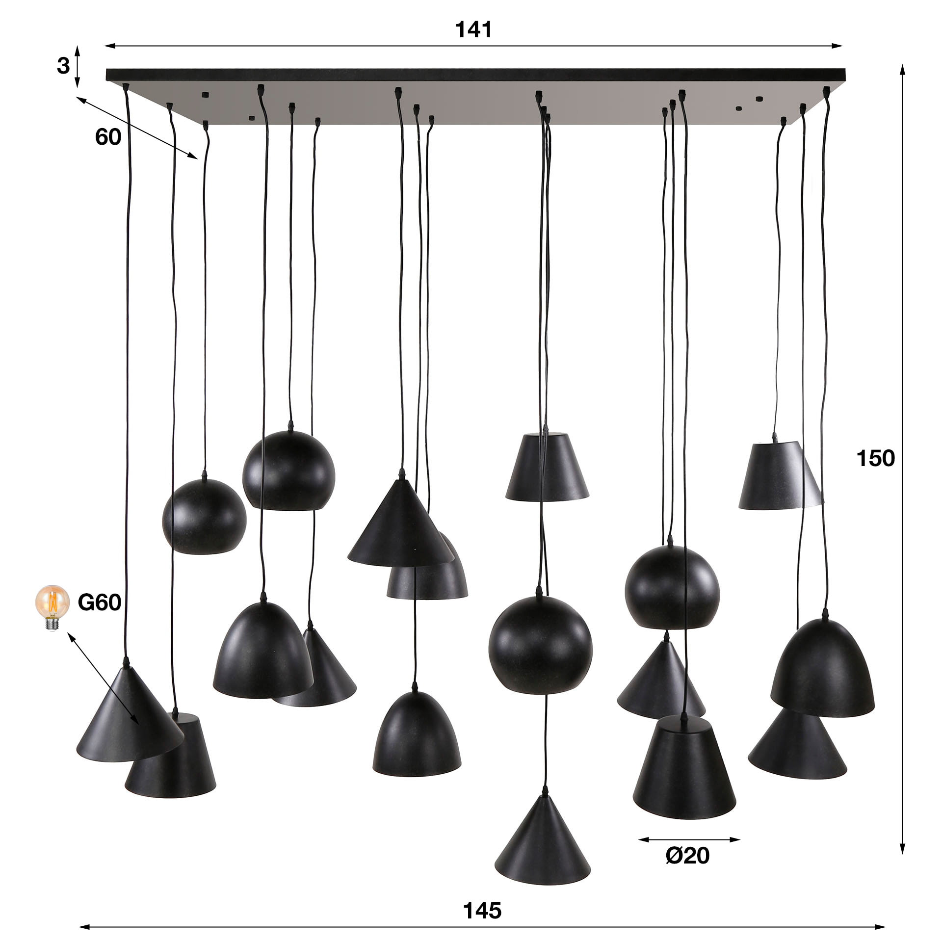 LifestyleFurn Hanglamp 'Shandell' Artic black, 18-lamps