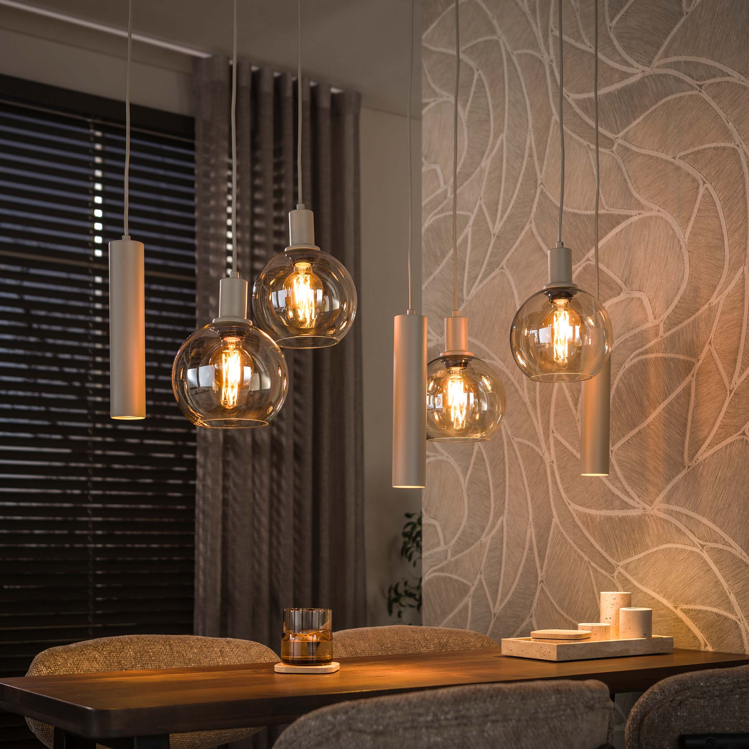 LifestyleFurn Hanglamp Janetta Glas, 4+3-lamps - Beige