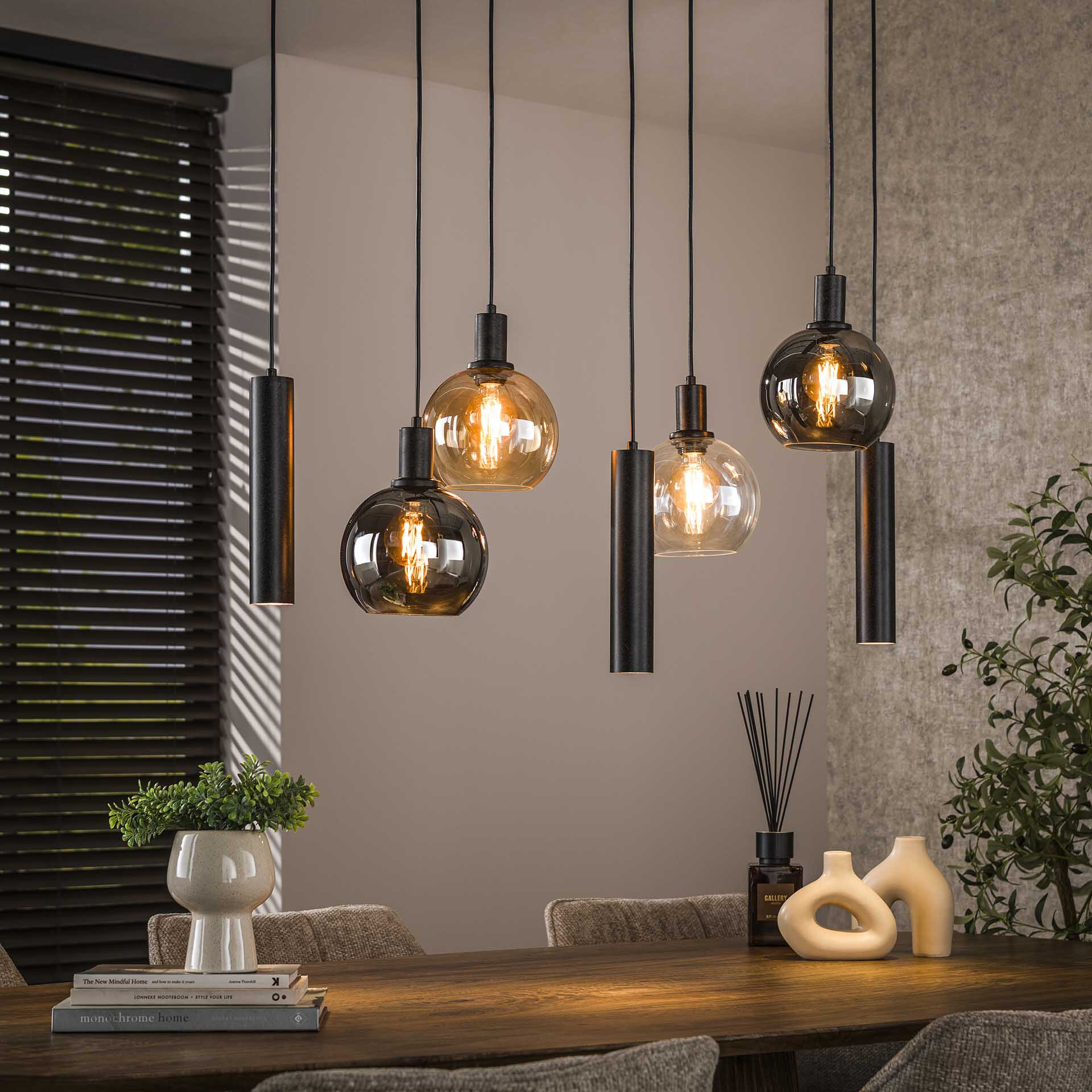 LifestyleFurn Hanglamp Janetta Glas en metaal, 4+3-lamps - Artic zwart