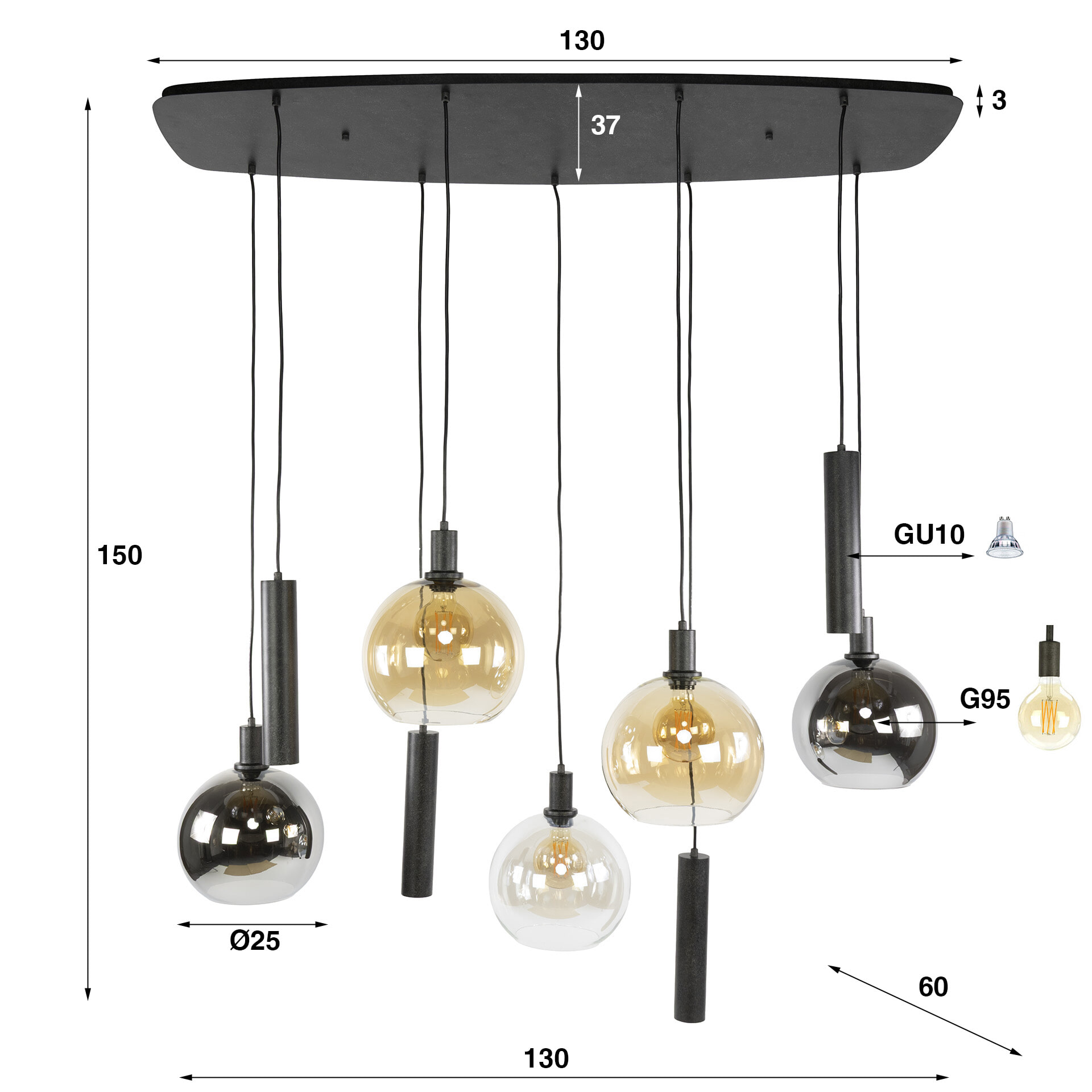 LifestyleFurn Hanglamp 'Janetta' Glas en metaal, 5+4-lamps