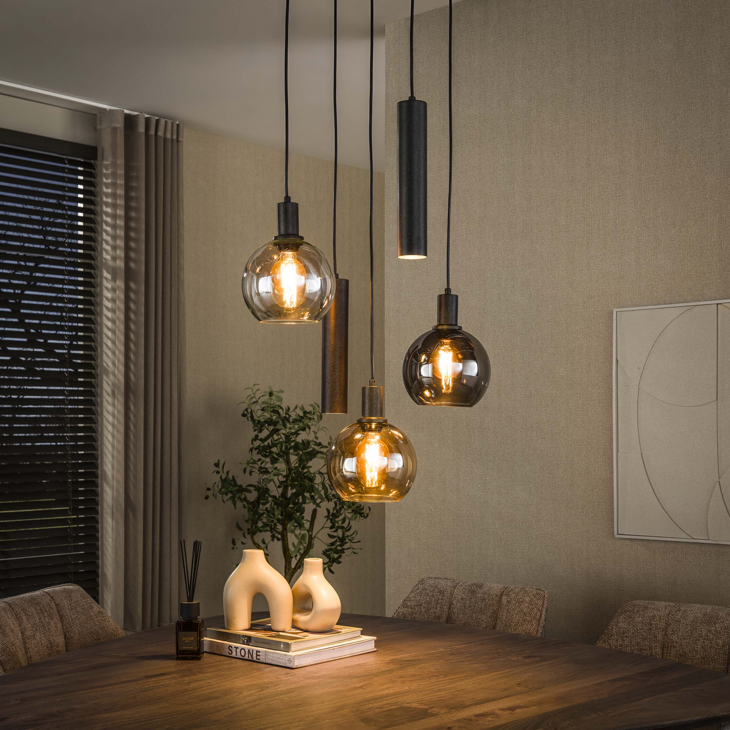 LifestyleFurn Hanglamp 'Janetta' Glas en metaal, 3+2-lamps