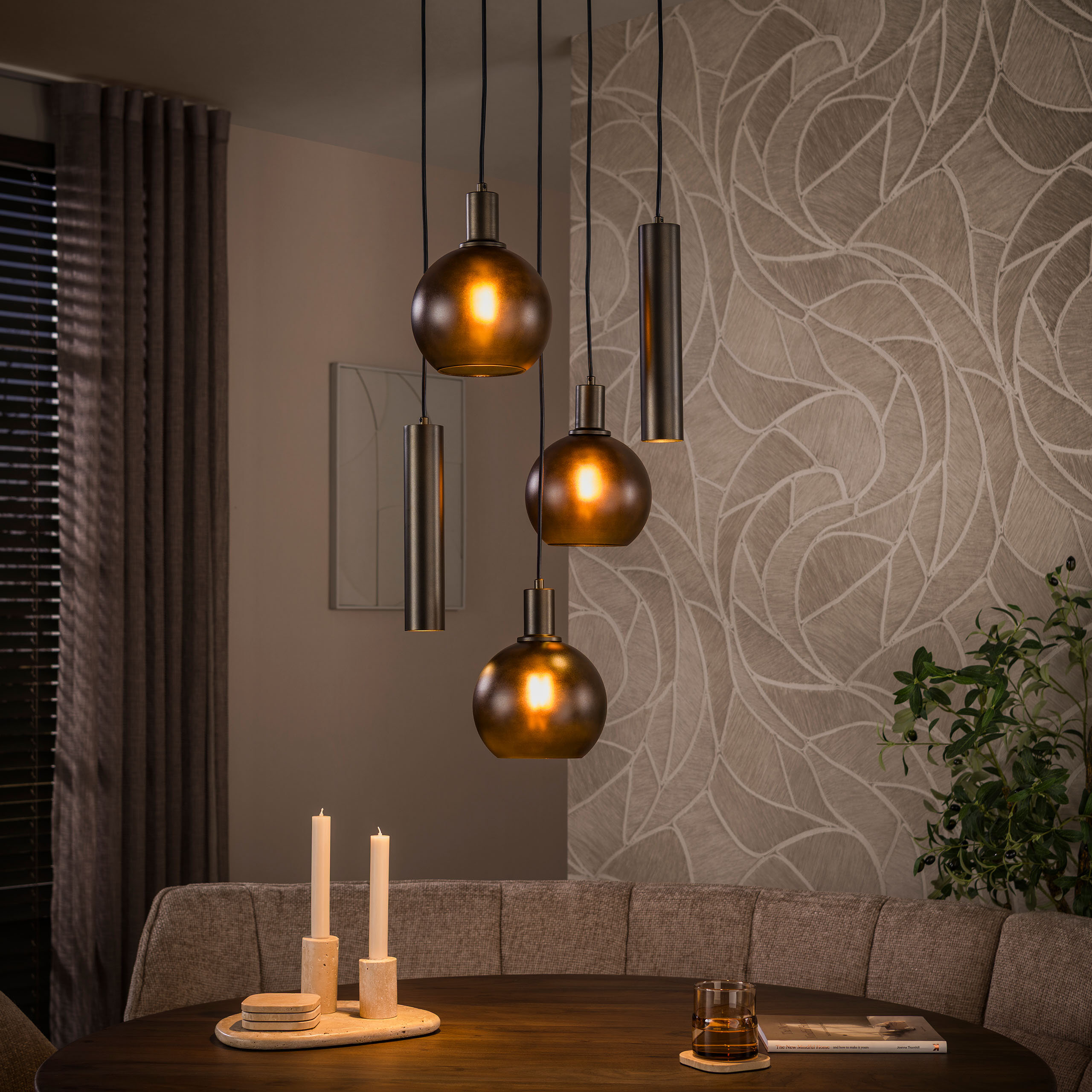 LifestyleFurn Hanglamp Janetta Glas en metaal, 3+2-lamps - Bruin