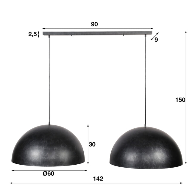 Hanglamp 'Dome' 2-lamps, Ø60cm, kleur Charcoal