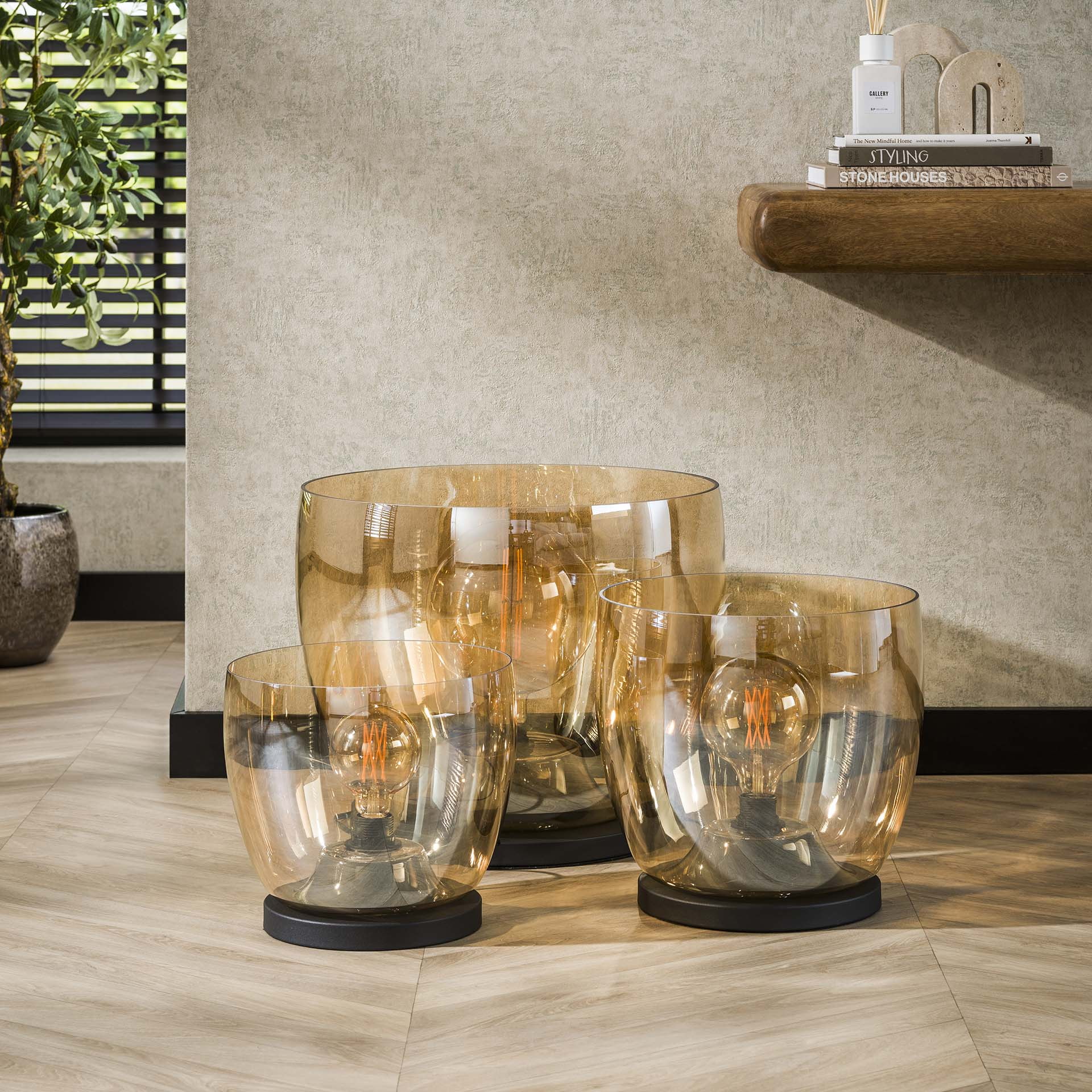 LifestyleFurn Vloerlamp/Tafellamp 'Mikado' Amber glas, 27cm hoog