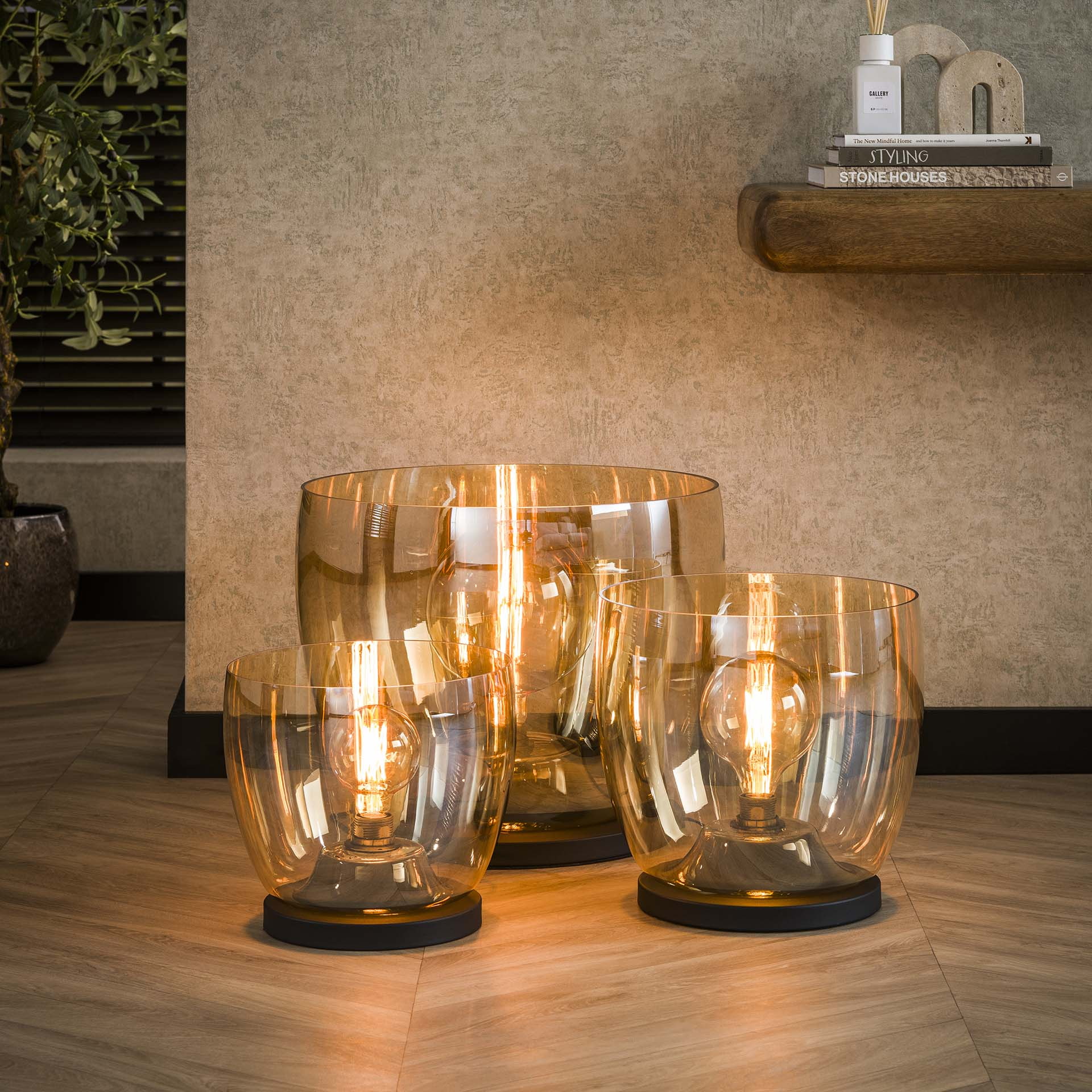 LifestyleFurn Vloerlamp/Tafellamp 'Mikado' Amber glas, 32cm hoog