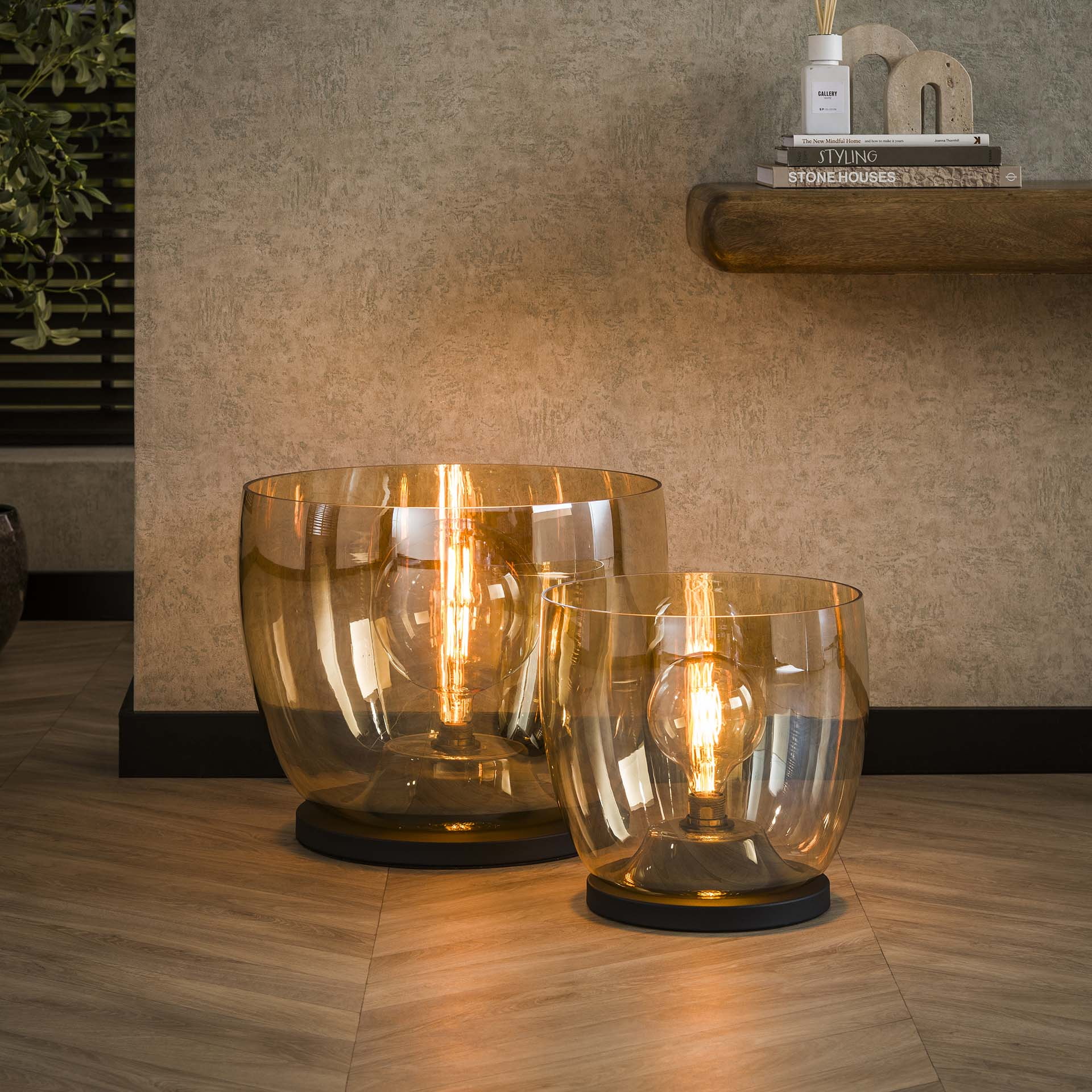 LifestyleFurn Vloerlamp/Tafellamp 'Mikado' Amber glas, 32cm hoog
