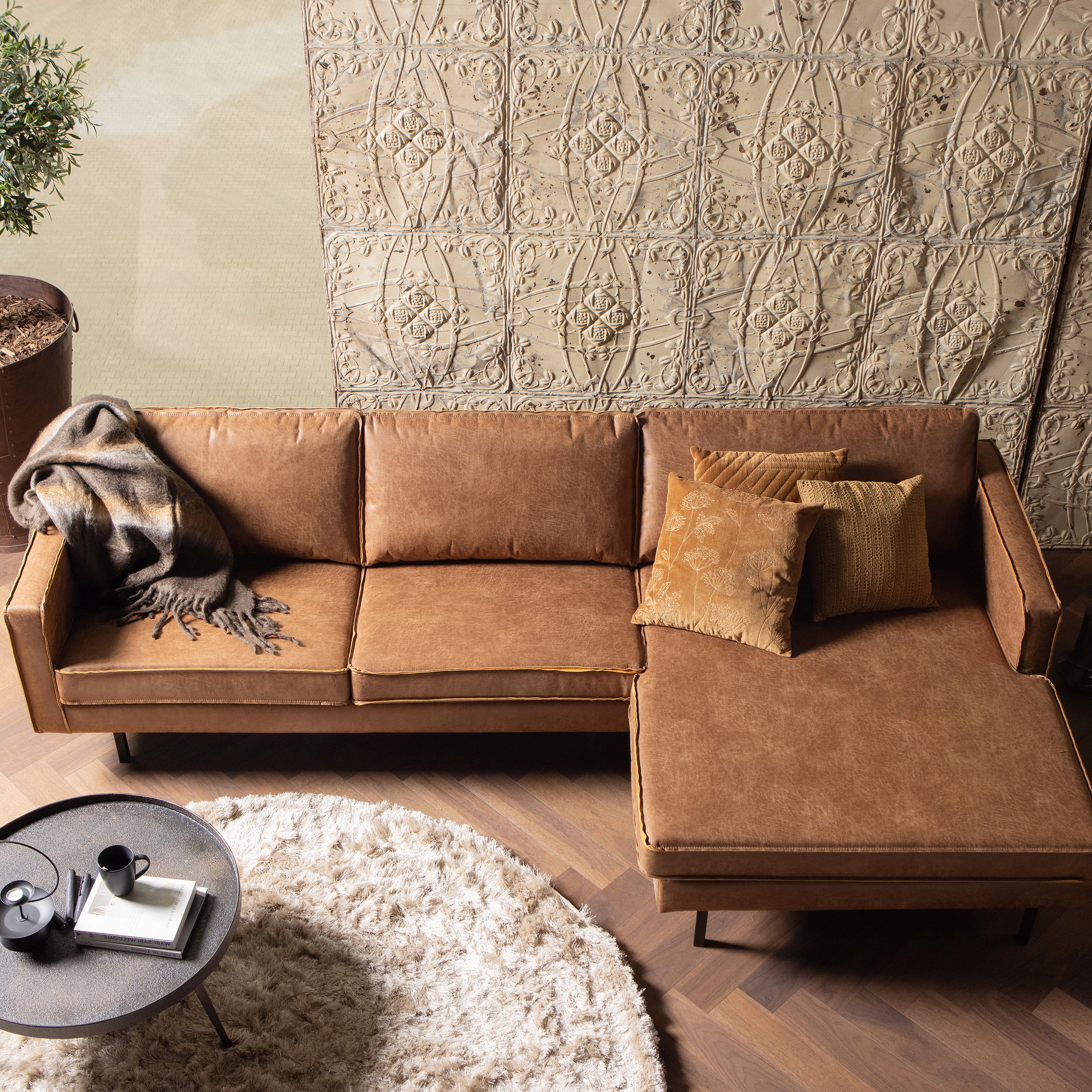 WOOOD Loungebank 'Rodeo' Rechts, Eco Leder, kleur Cognac