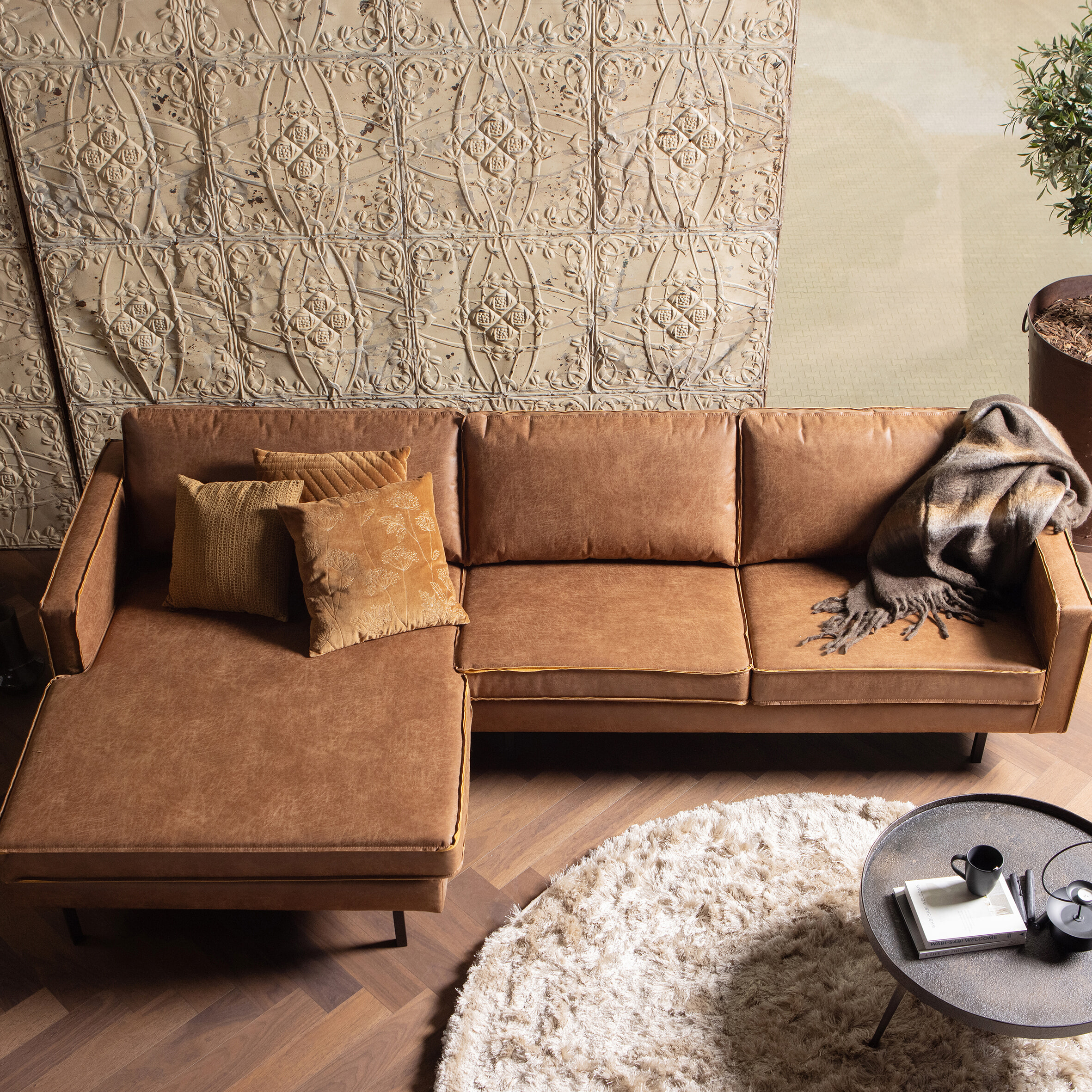 WOOOD Loungebank 'Rodeo' Links, Eco Leder, kleur Cognac