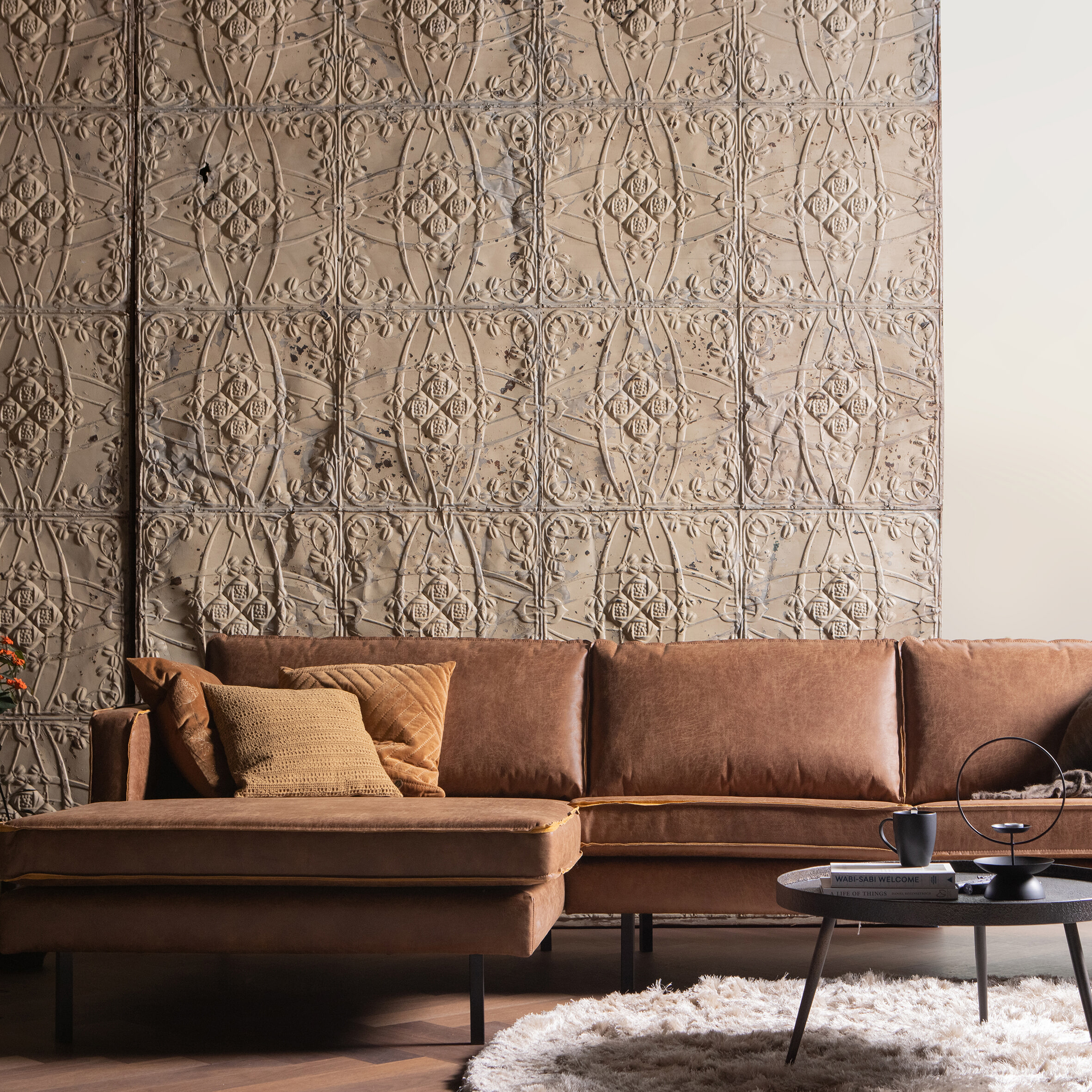 WOOOD Loungebank 'Rodeo' Links, Eco Leder, kleur Cognac
