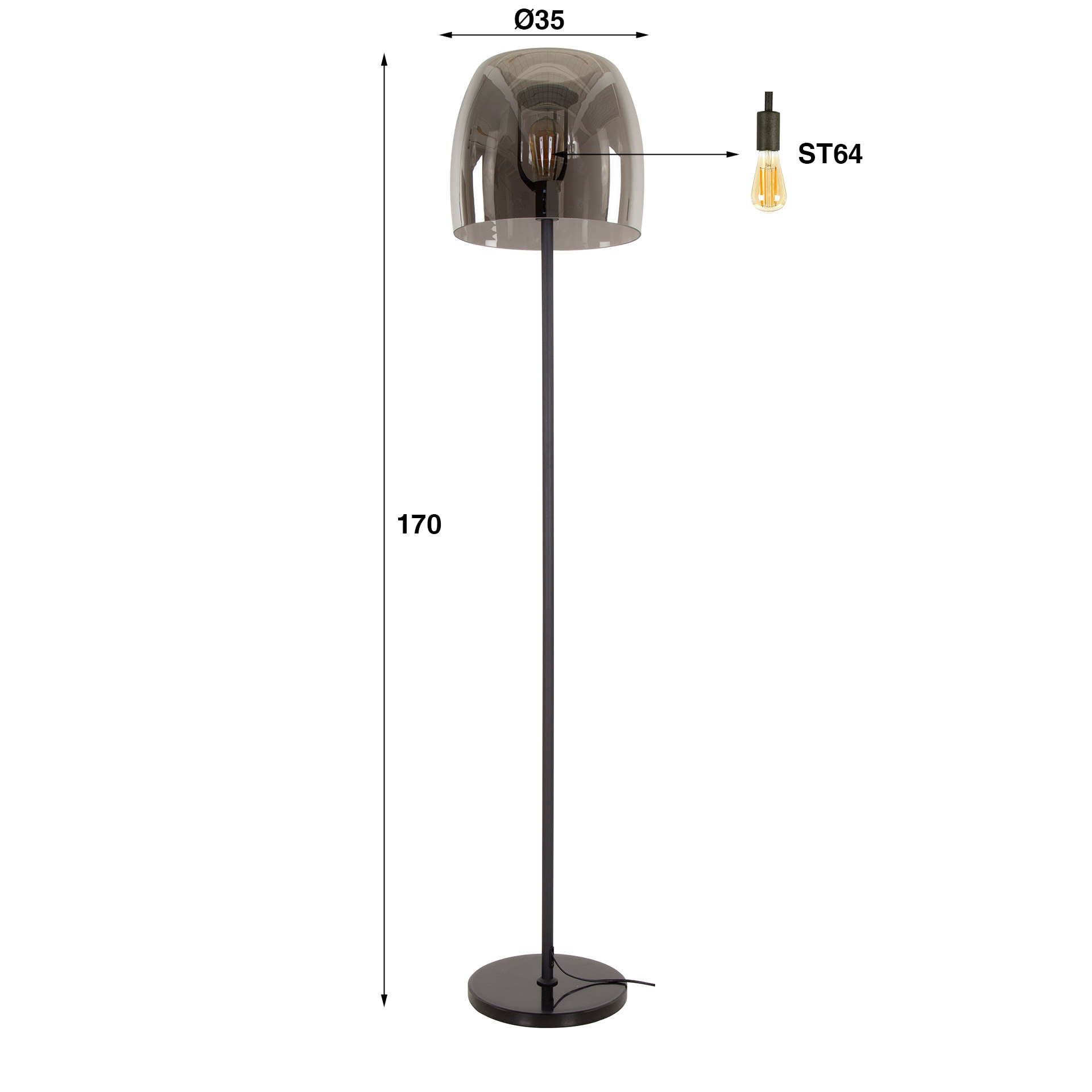 LifestyleFurn Vloerlamp 'Rift' Smoke glas, 170cm