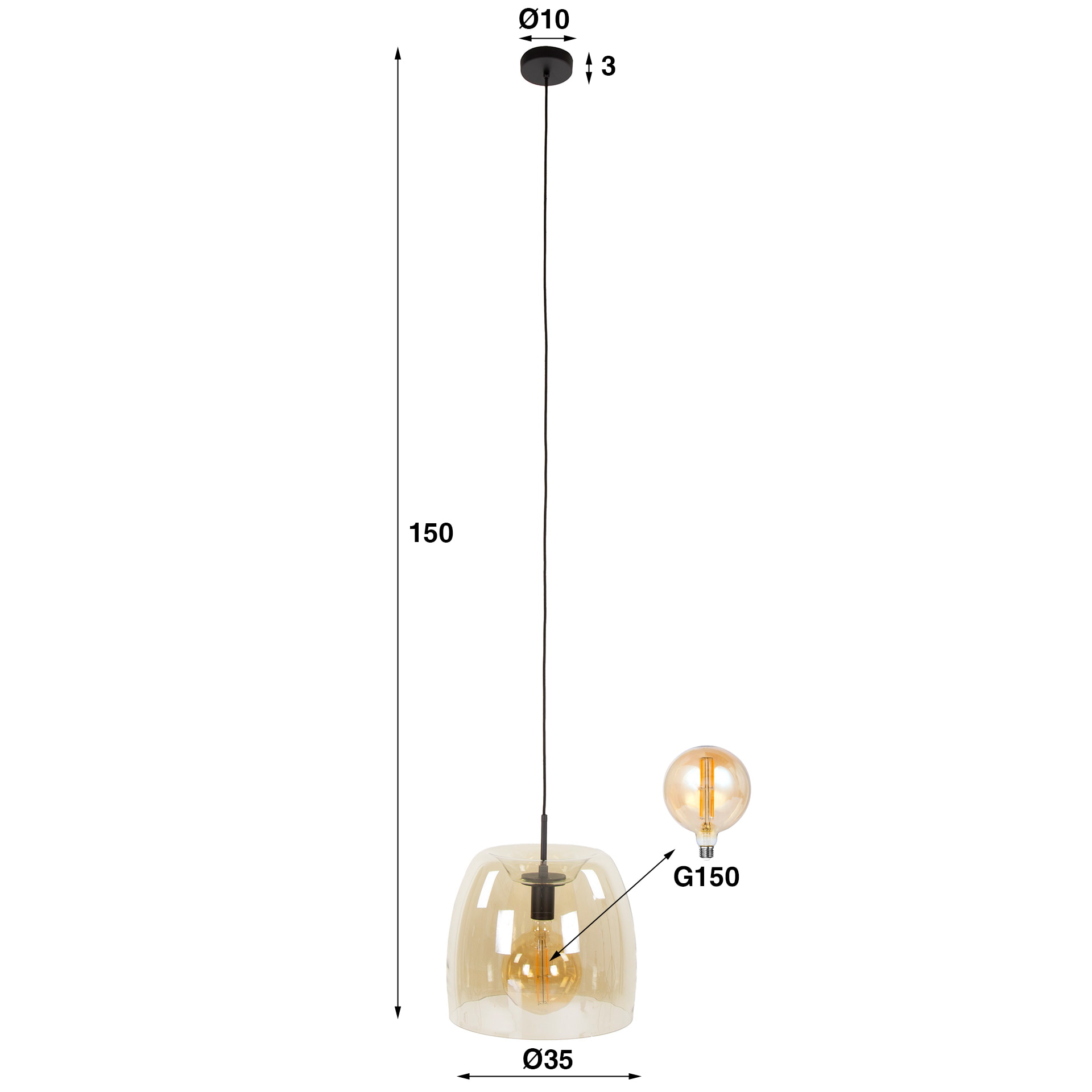 LifestyleFurn Hanglamp 'Rift' Amber glas, 35cm