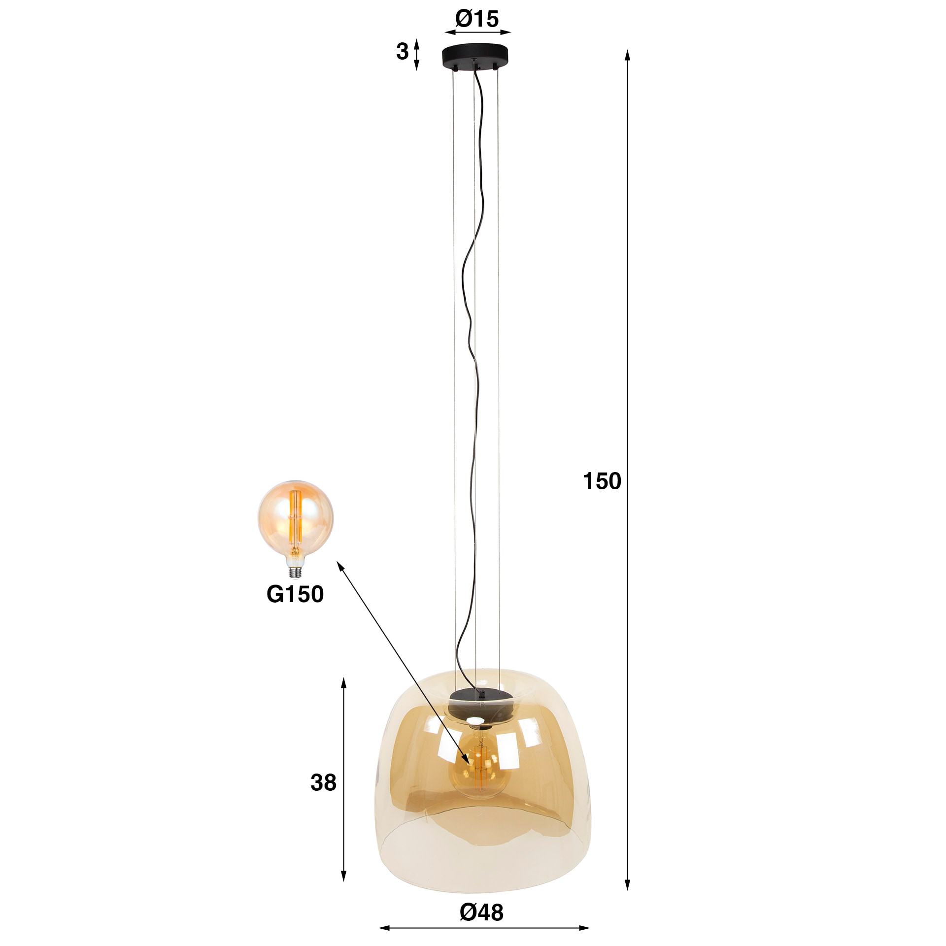 LifestyleFurn Hanglamp 'Rift' Amber glas, 48cm