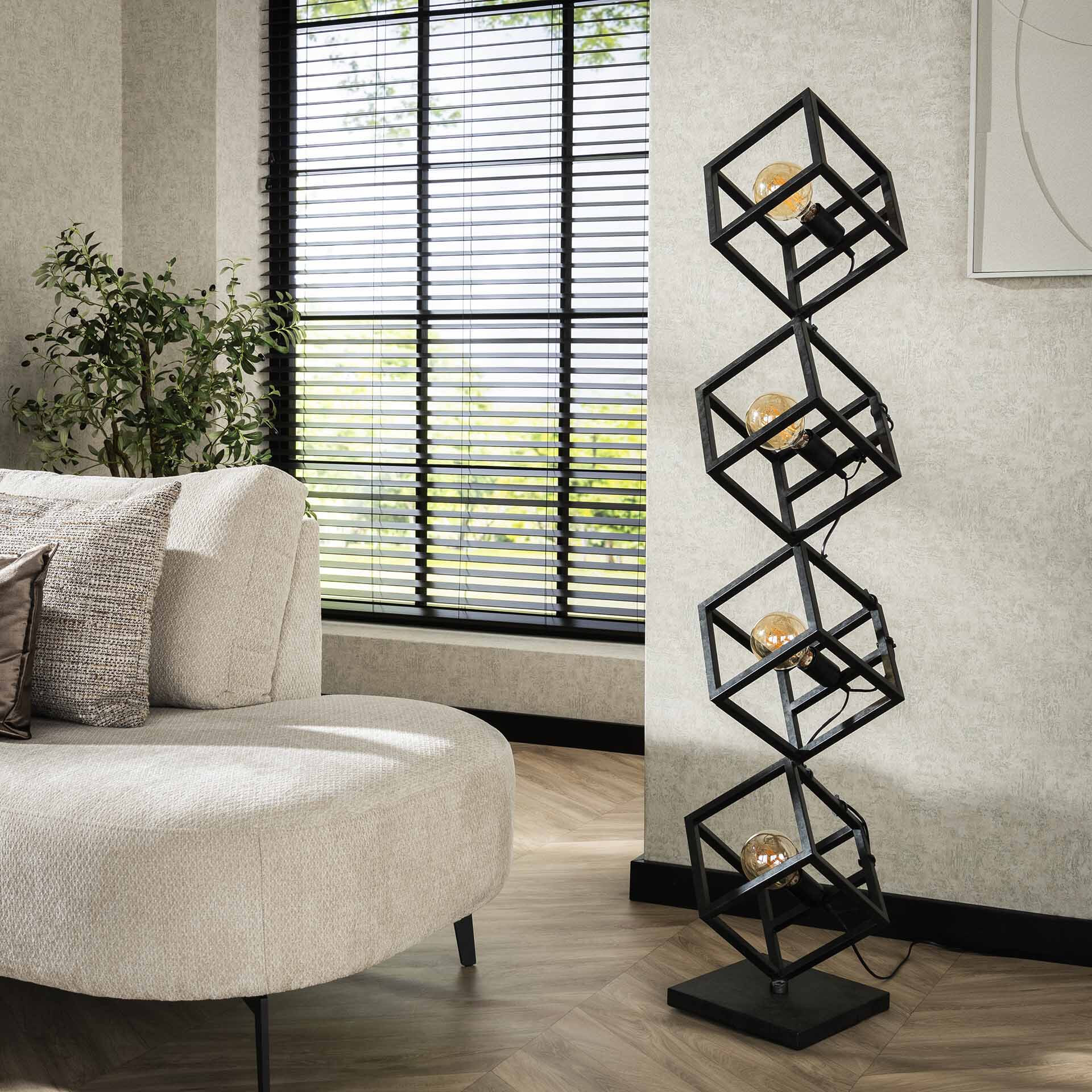LifestyleFurn Vloerlamp 'Rift' 4-lamps, Kubus, kleur Charcoal