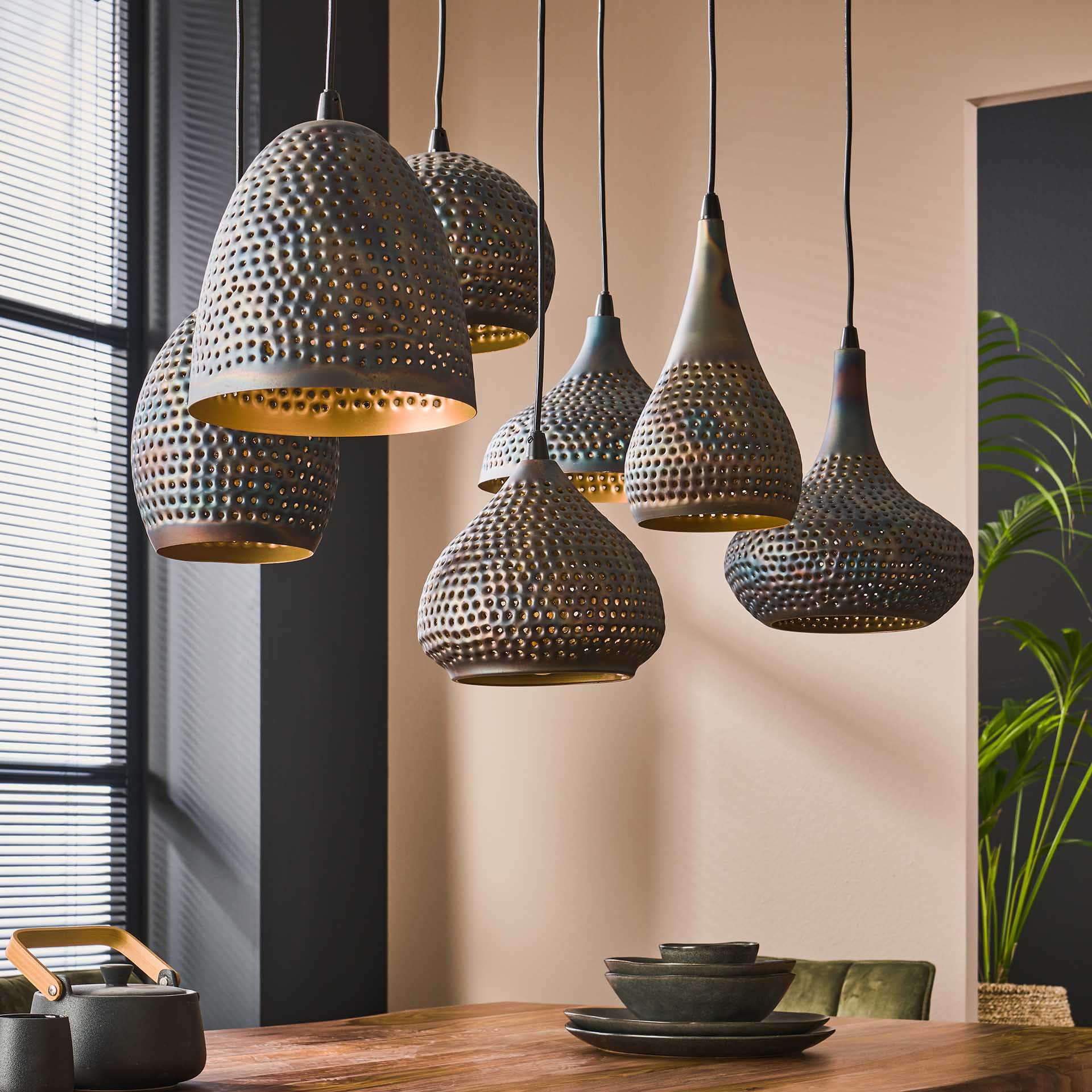LifestyleFurn Hanglamp 'Astara' 7-lamps, Metaal, Ø25cm, kleur Zwart Bruin