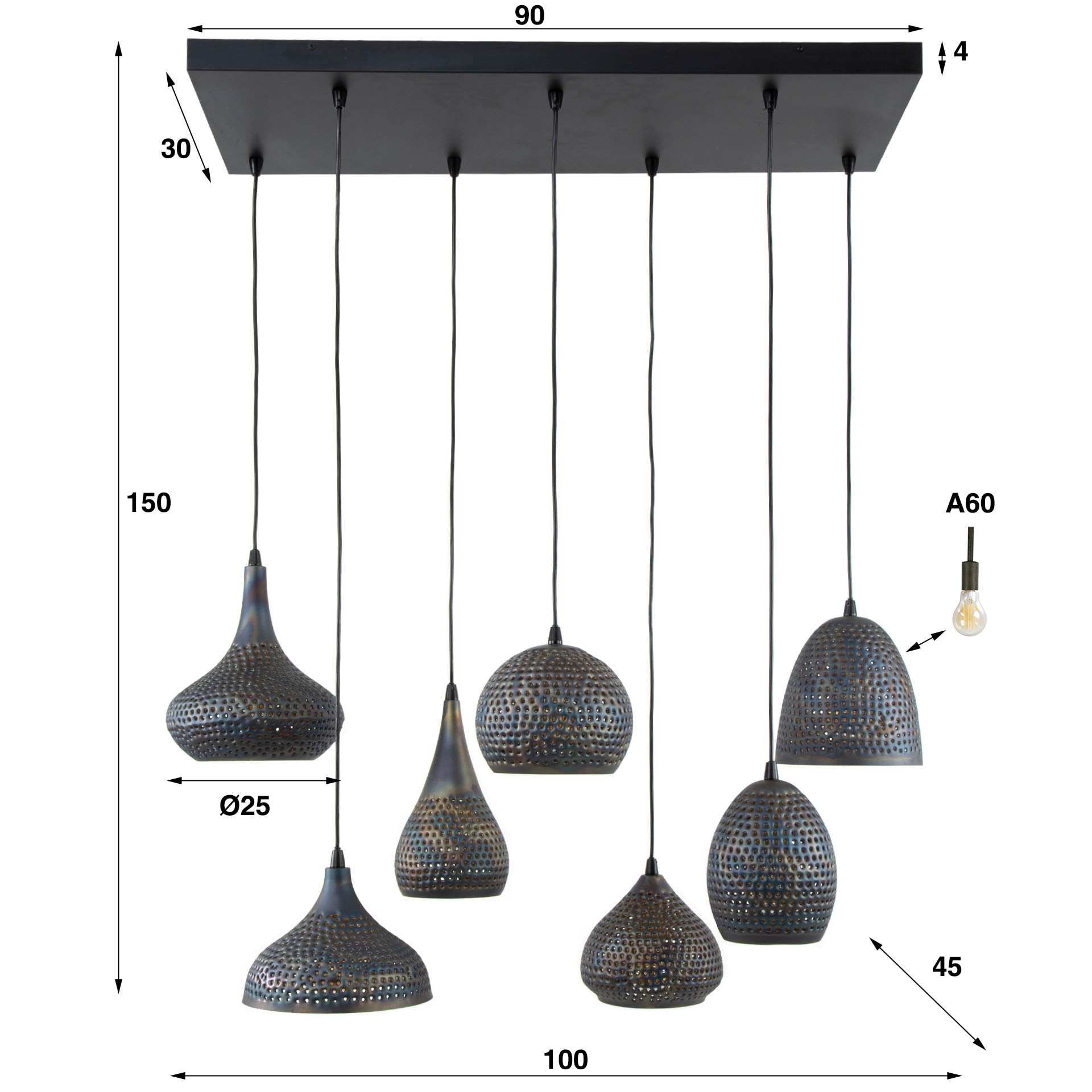 LifestyleFurn Hanglamp 'Astara' 7-lamps, Metaal, Ø25cm, kleur Zwart Bruin