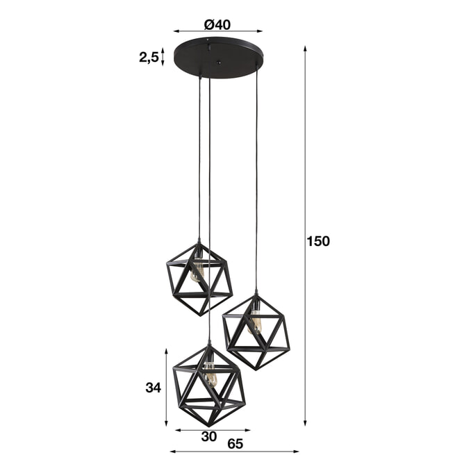 Hanglamp 'Sia' 3-lamps triangel, kleur zwart