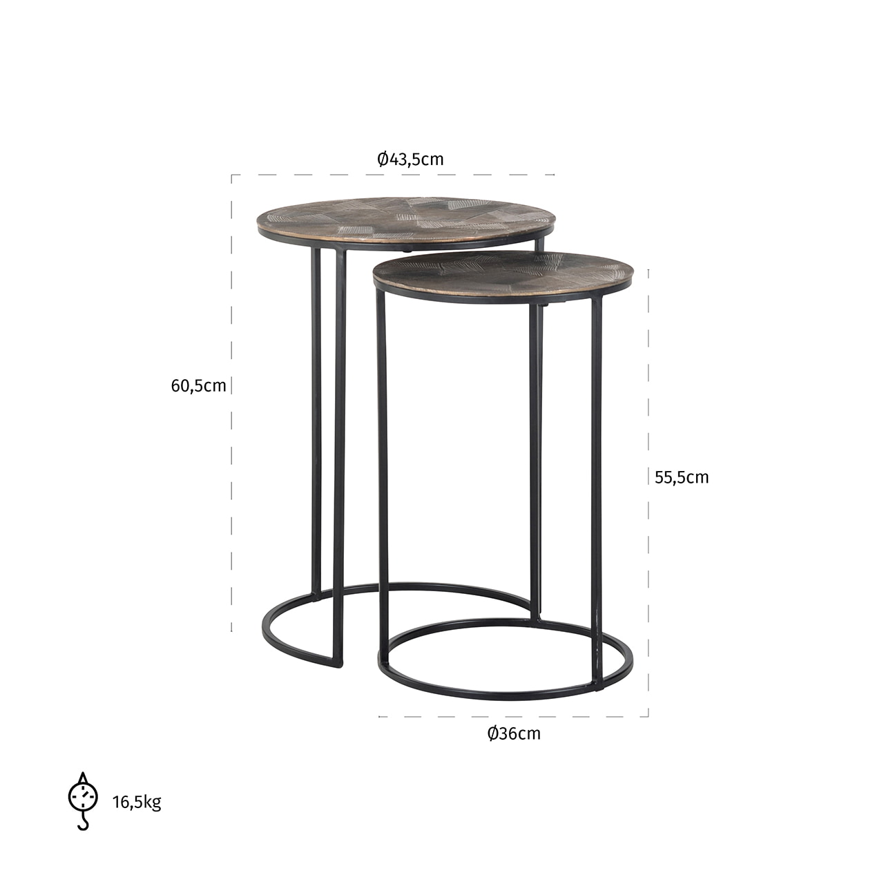 Richmond Bijzettafel 'Tulum' Set van 2 stuks, kleur Brushed Gold