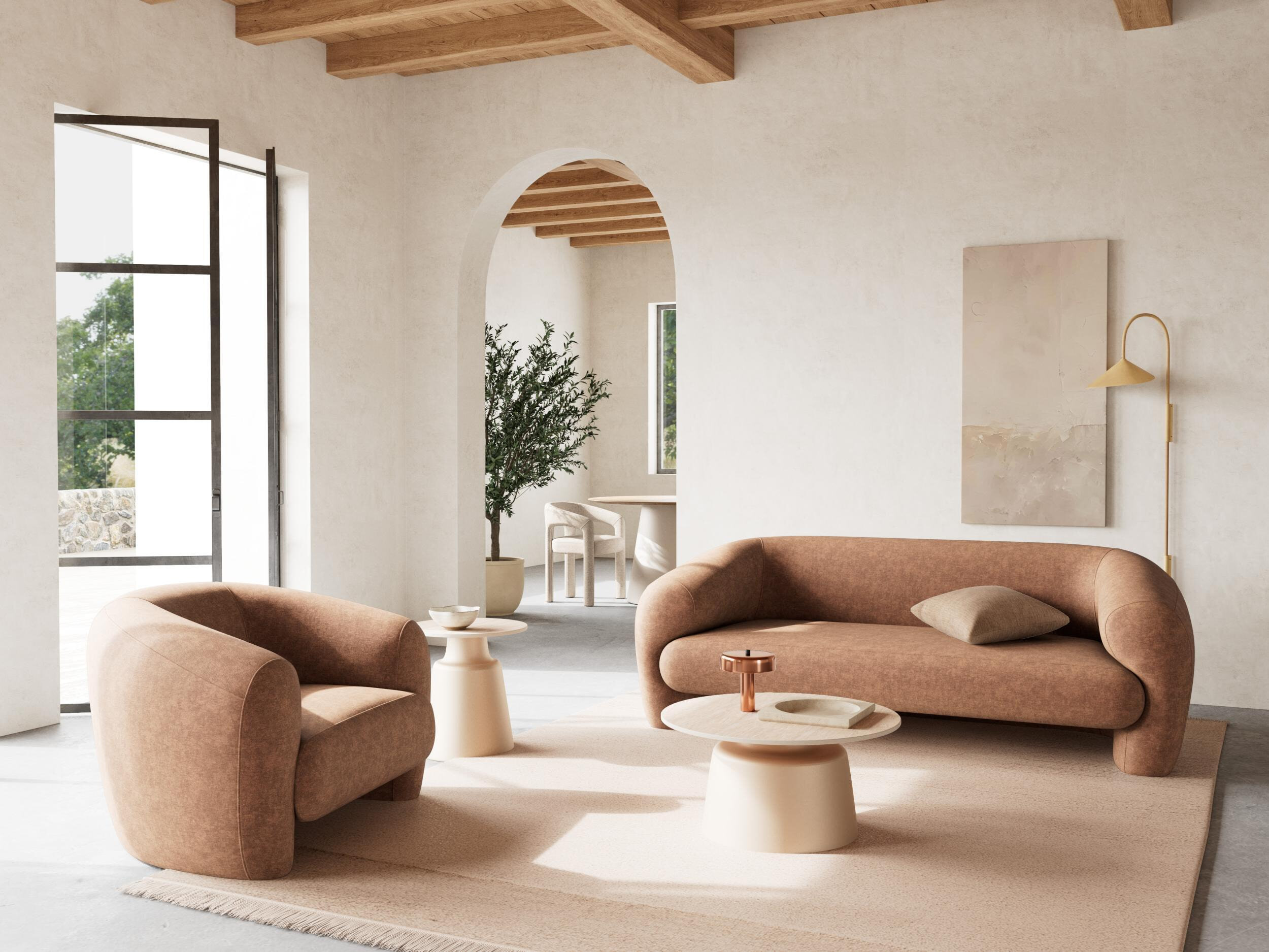 Bendt Ronde Bijzettafel 'Waleed' Keramiek in travertinlook, 45cm, kleur Beige