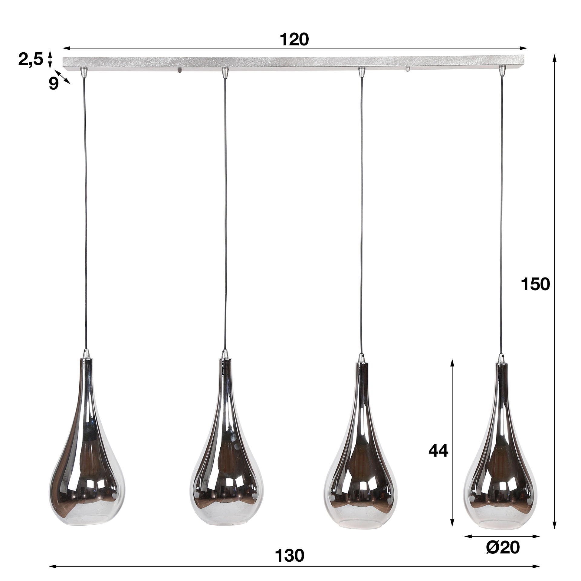Hanglamp 'Cassandra' 4-lamps, kleur Chrome