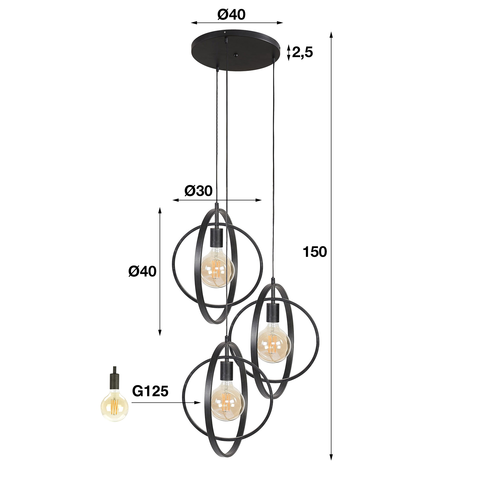 Hanglamp 'Tricia' 3-lamps getrapt, kleur Charcoal