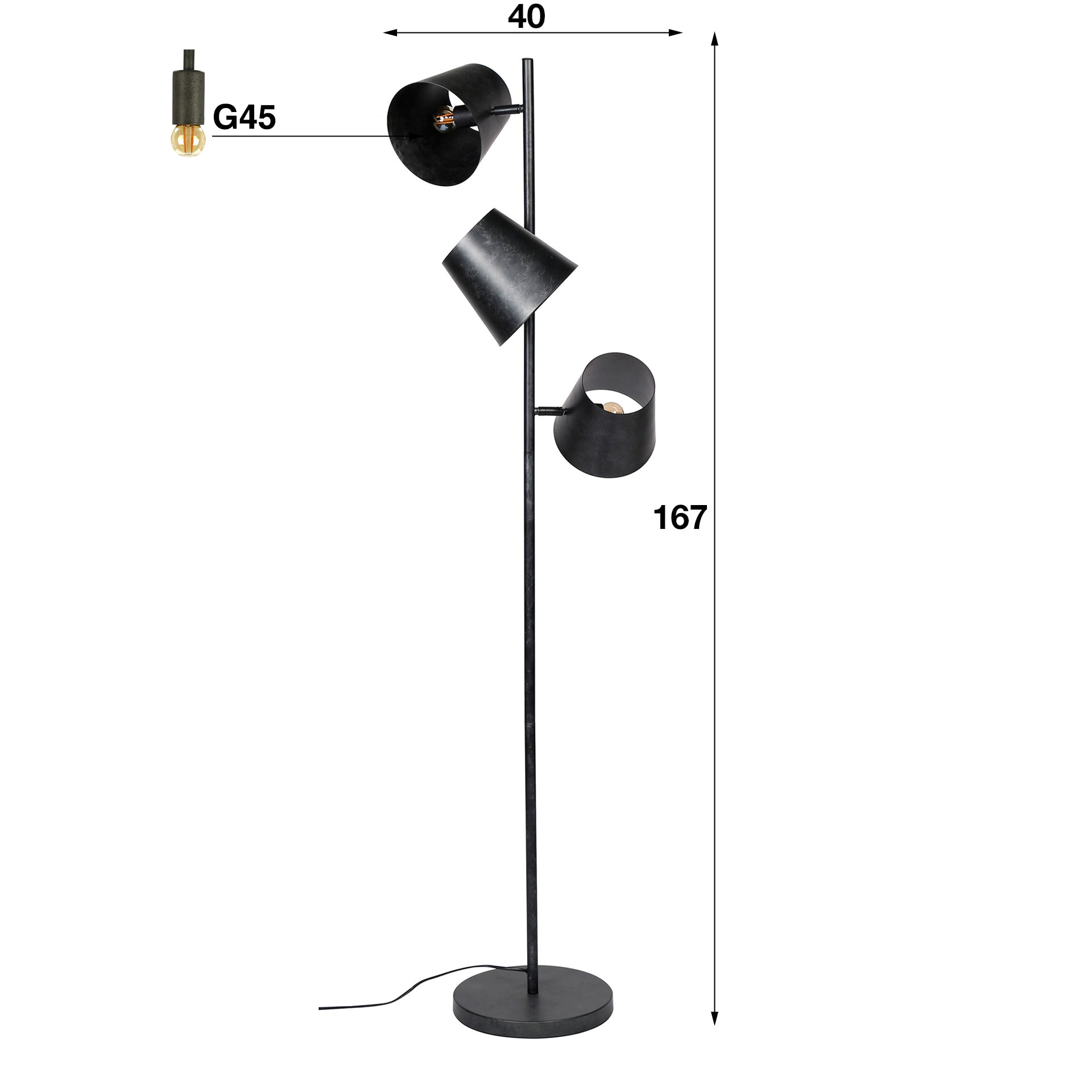 Verstelbare Vloerlamp 'Jo' 3-lamps, Ø18cm, kleur Charcoal