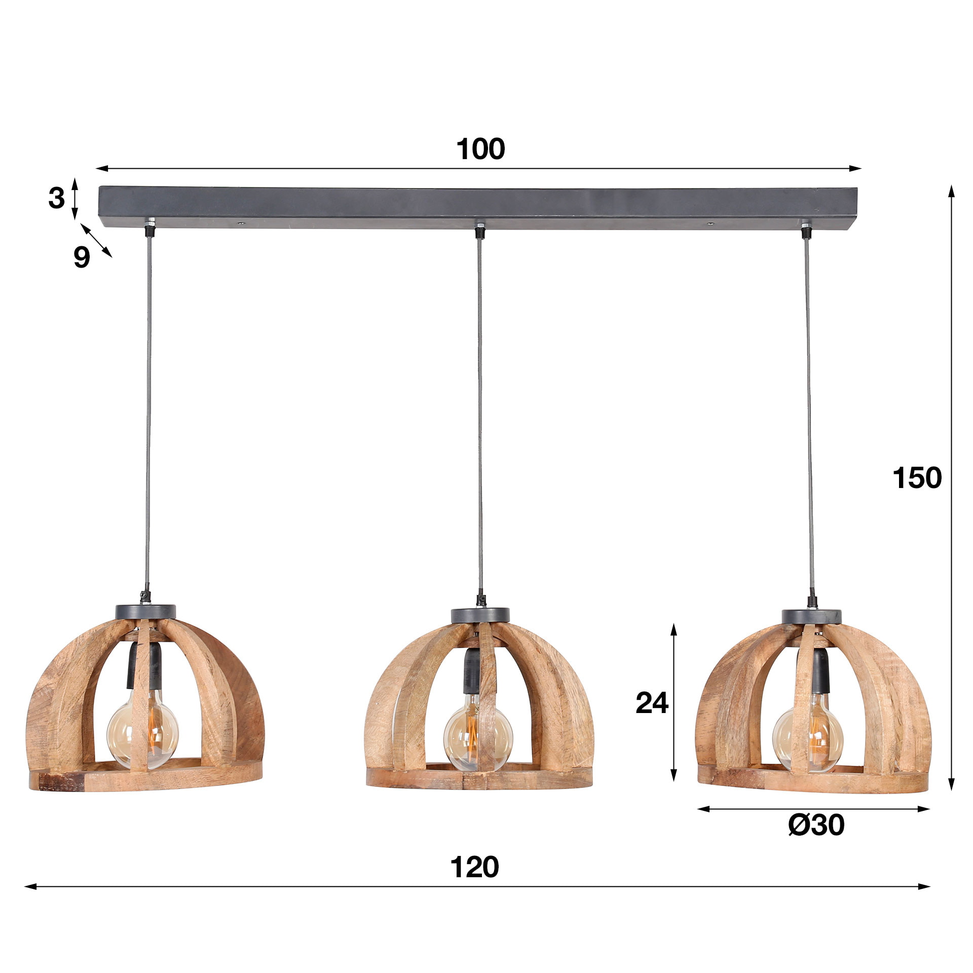 Hanglamp 'Yuna' Mangohout, 3-lamps