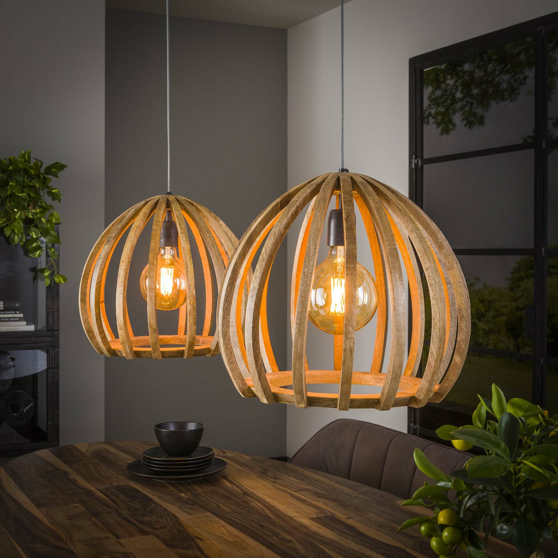 LifestyleFurn Hanglamp Benno Mangohout, 2-lamps - Massief mango naturel