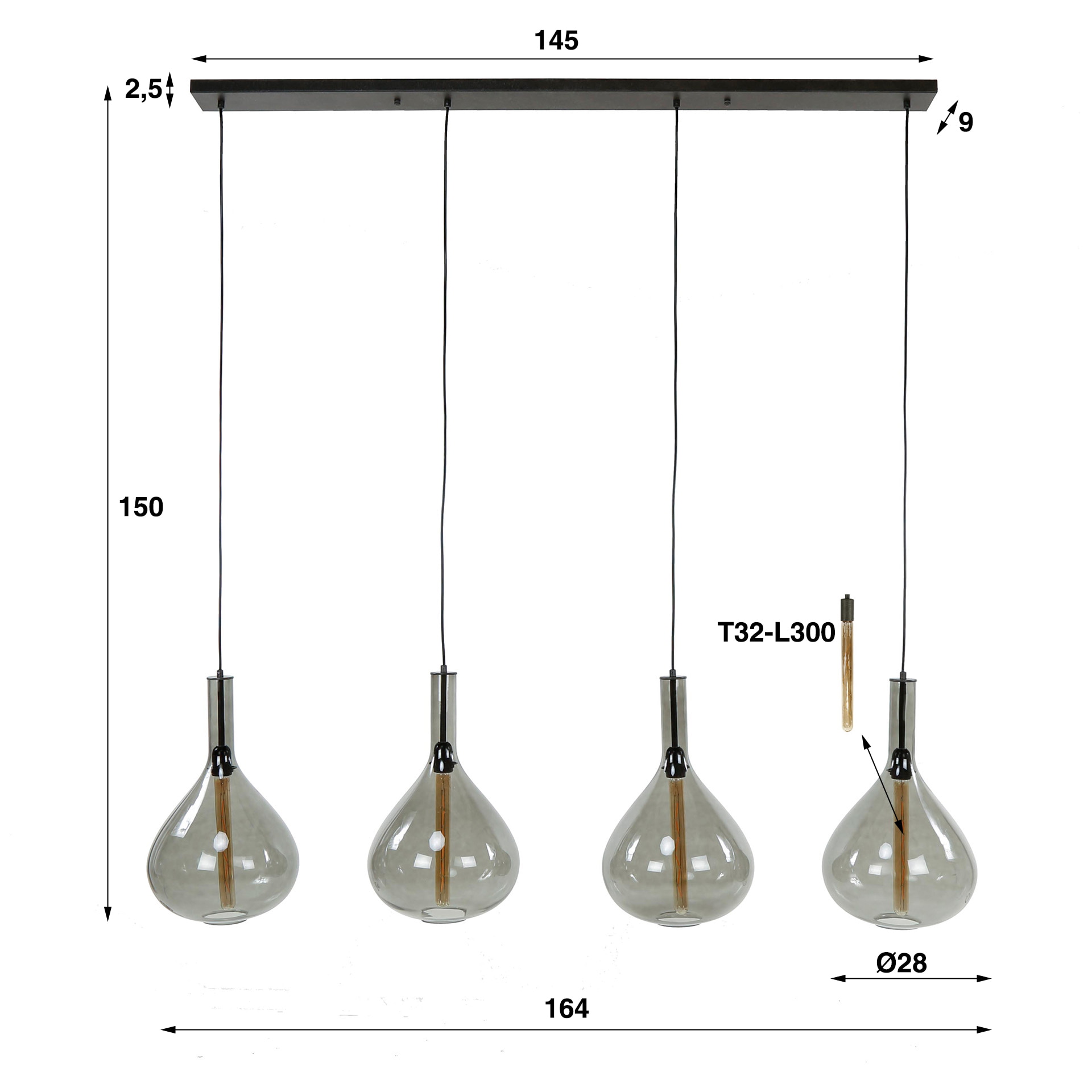 LifestyleFurn Hanglamp 'Suki' Smoke glas, 4-lamps