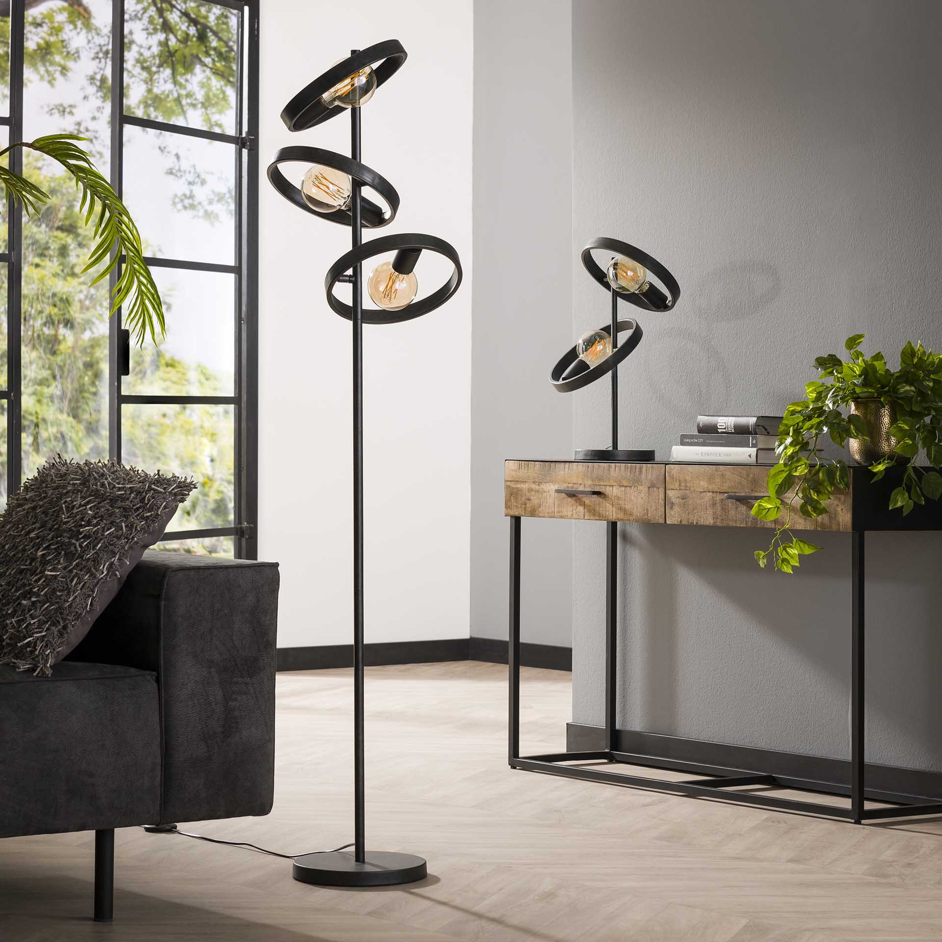 LifestyleFurn Vloerlamp 'Homer' 3-lamps, kleur Charchoal