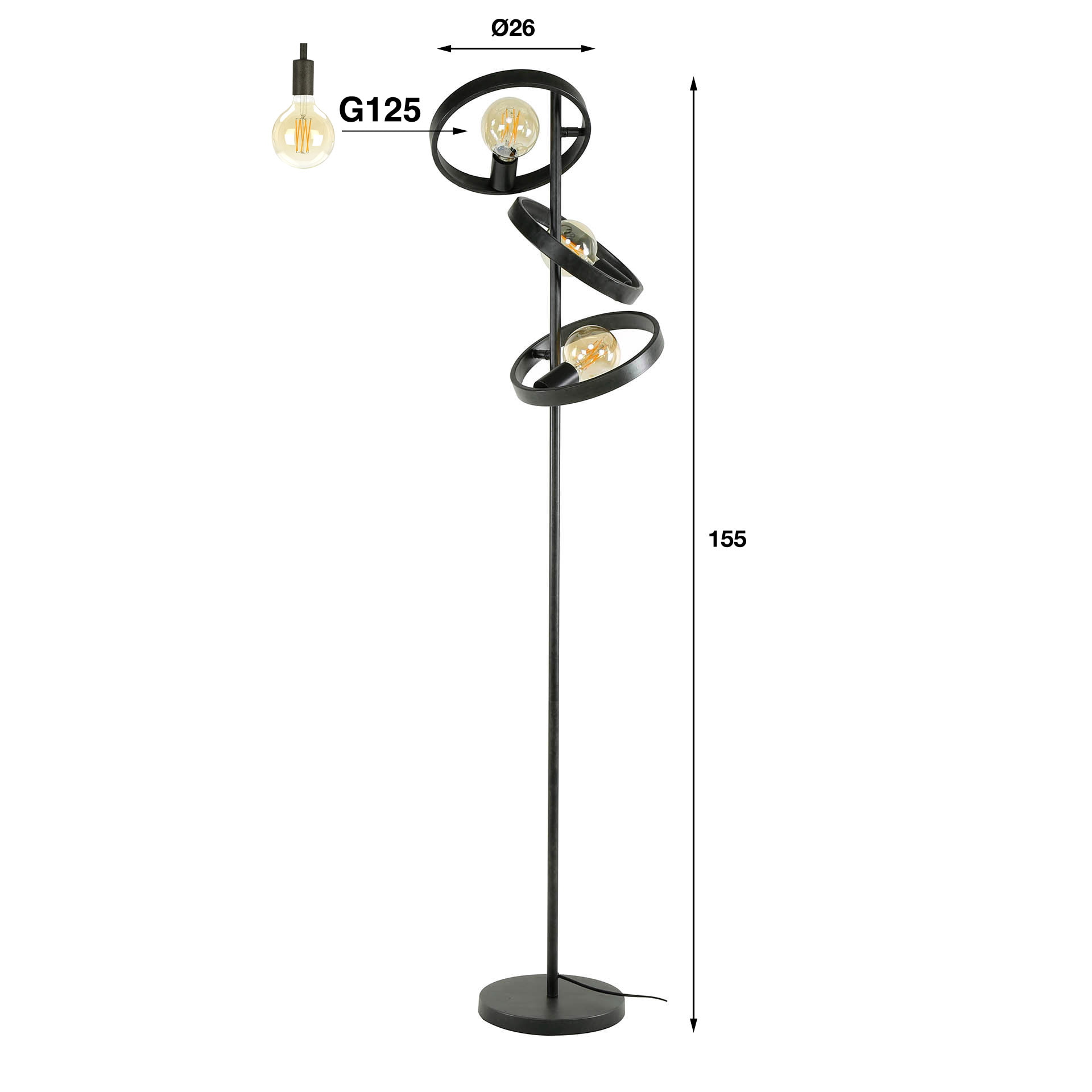 LifestyleFurn Vloerlamp 'Homer' 3-lamps, kleur Charchoal
