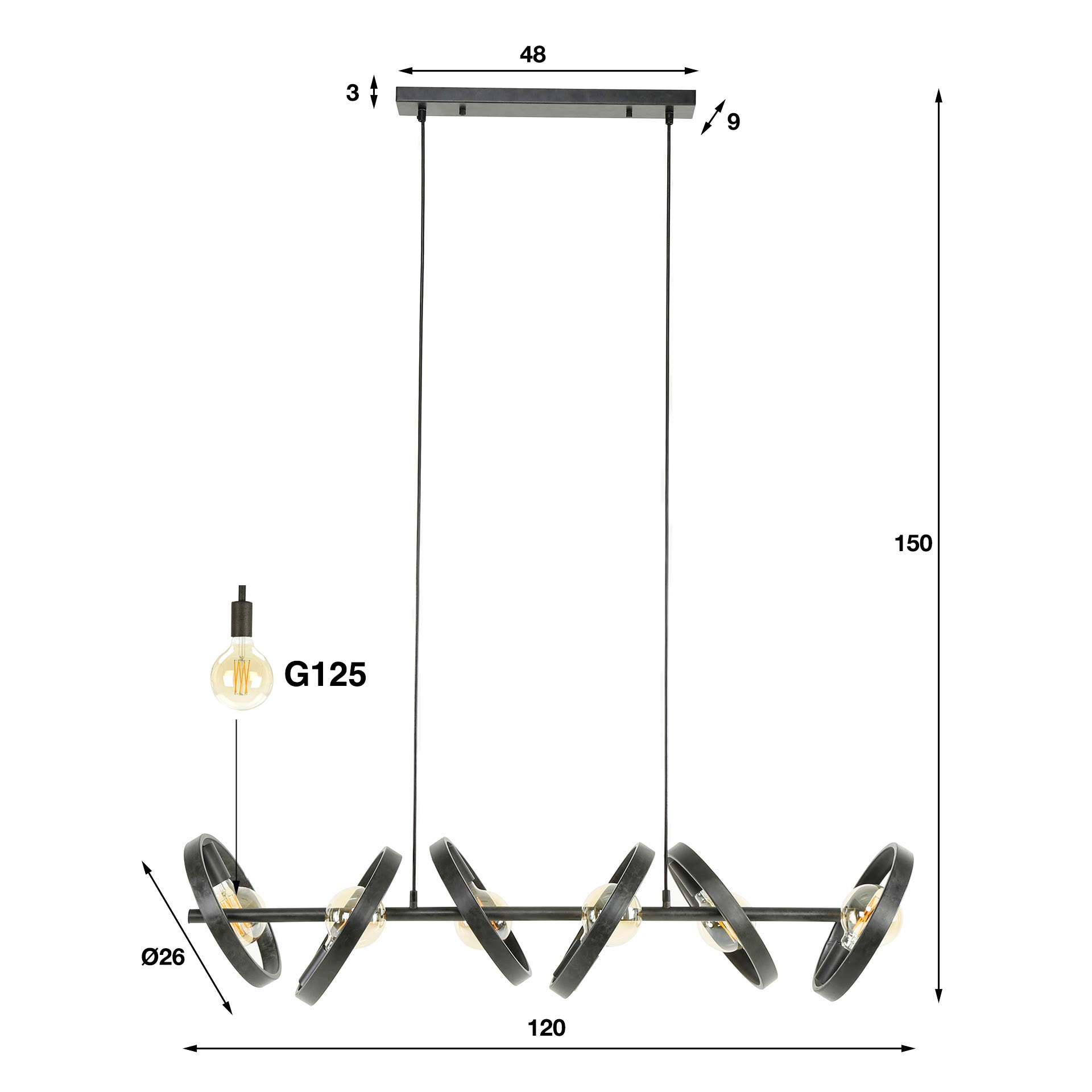 LifestyleFurn Hanglamp 'Homer' 6-lamps, kleur Charchoal