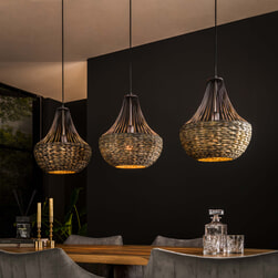 LifestyleFurn Hanglamp 'Carman' Kegel 3-lamps Handgevlochten Water Hyacint, kleur zwart nikkel