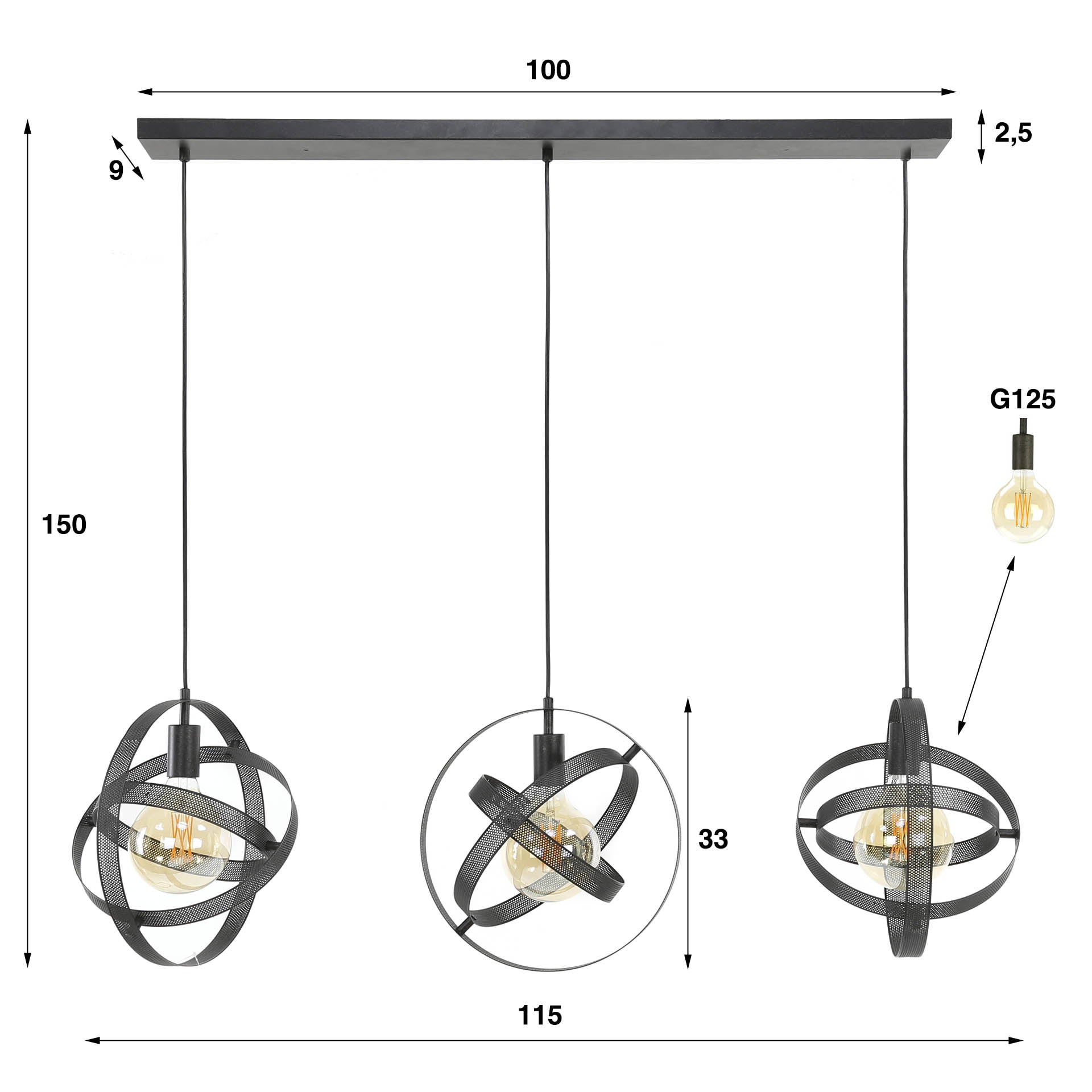 LifestyleFurn Hanglamp 'Brando' 3-lamps, kleur Artic Zwart