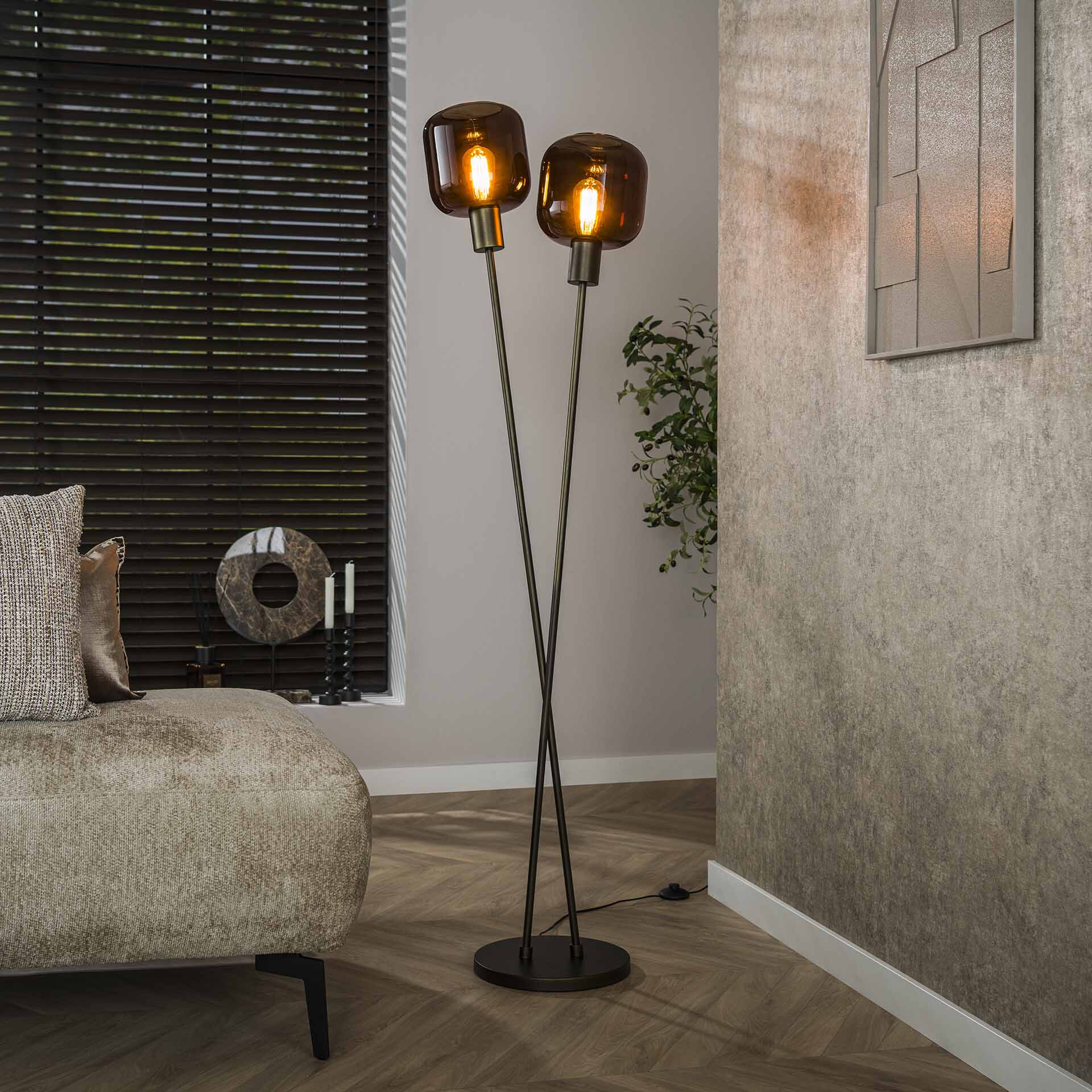 LifestyleFurn Vloerlamp 'Gill' 2-lamps, kleur Sienna brown