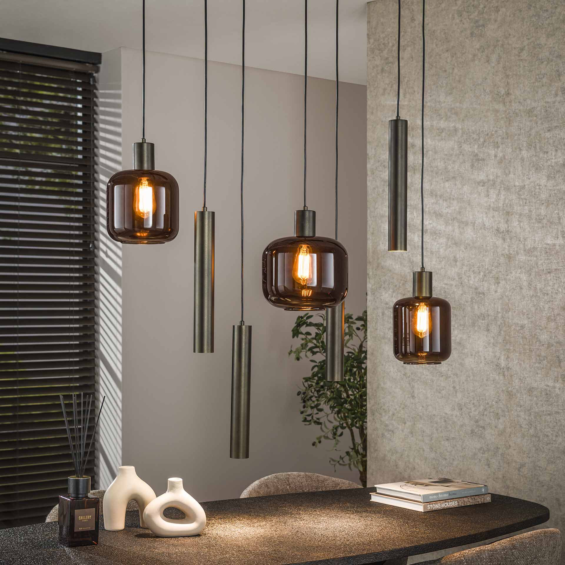 LifestyleFurn Hanglamp Gill 4+3-lamps - Sienna brown