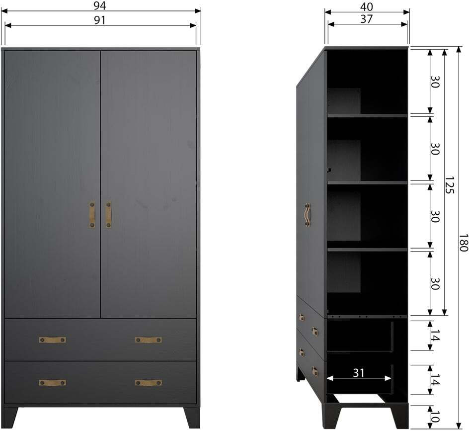 WOOOD Kledingkast 'Dian' 180 x 94cm, kleur Diep Zwart