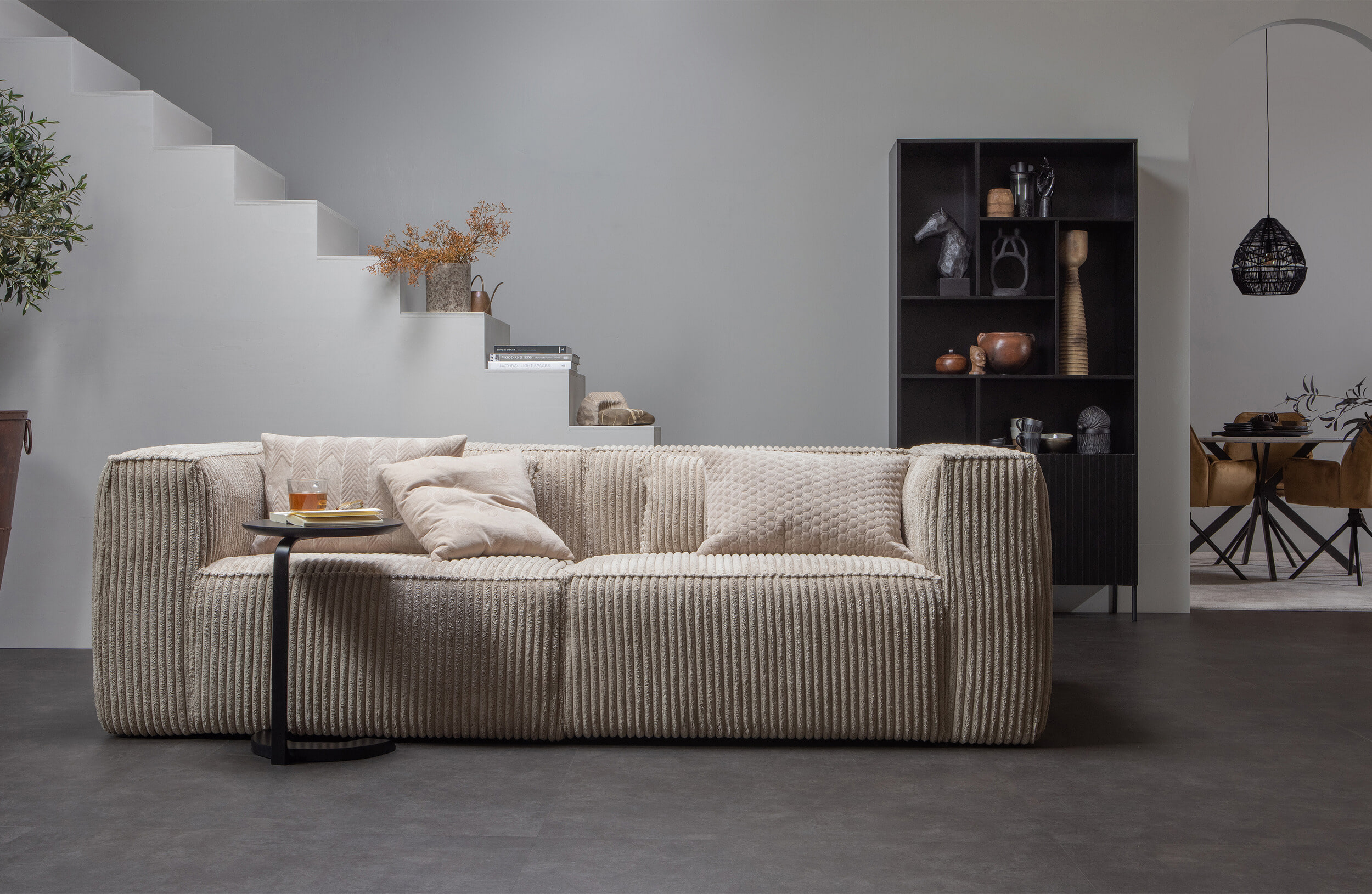 WOOOD Bank 'Bean' 3,5-zits, Rib, kleur Travertin