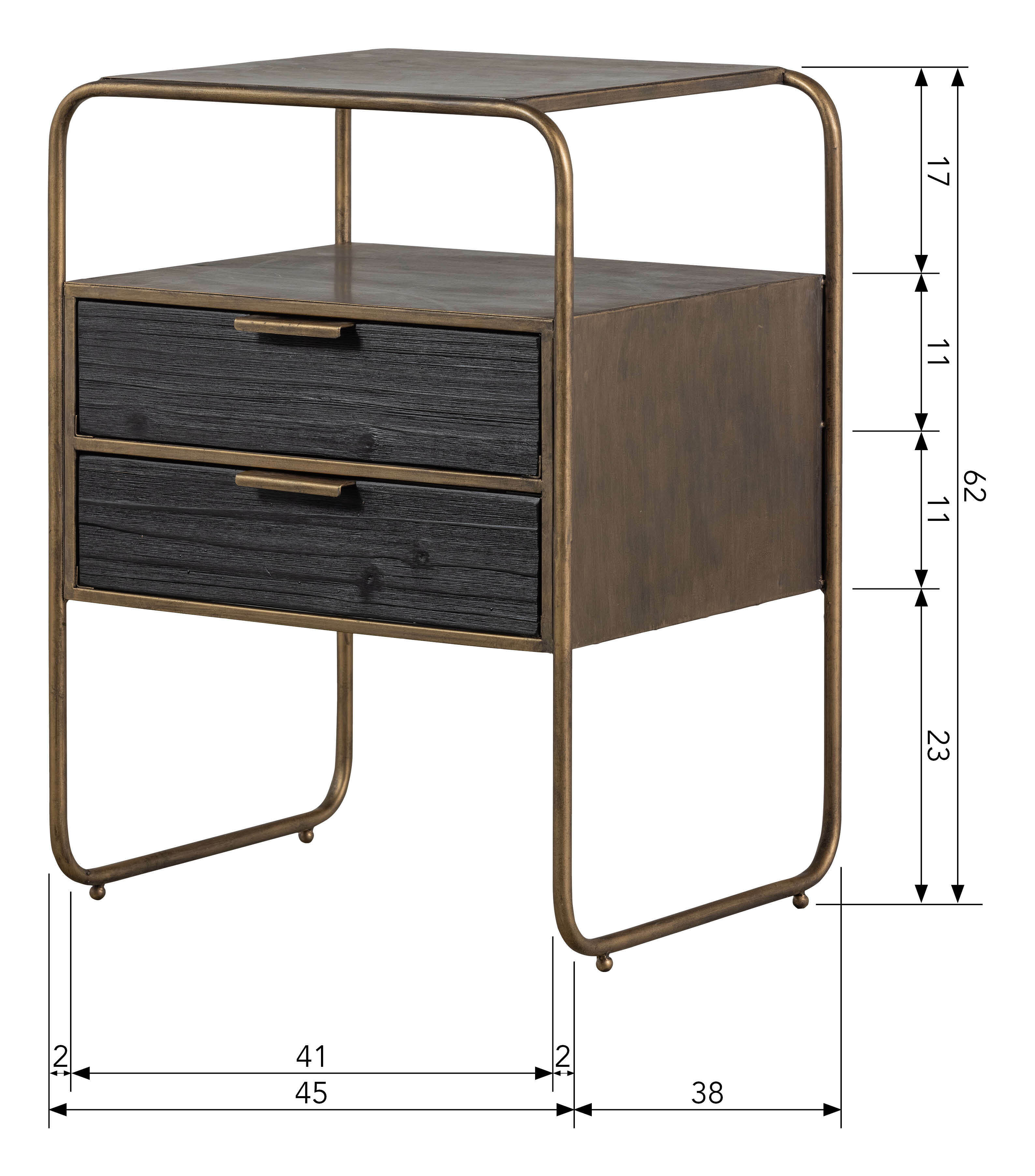 WOOOD Nachtkastje/Ladekast 'Polite' Met 2 lades, kleur Antique Brass