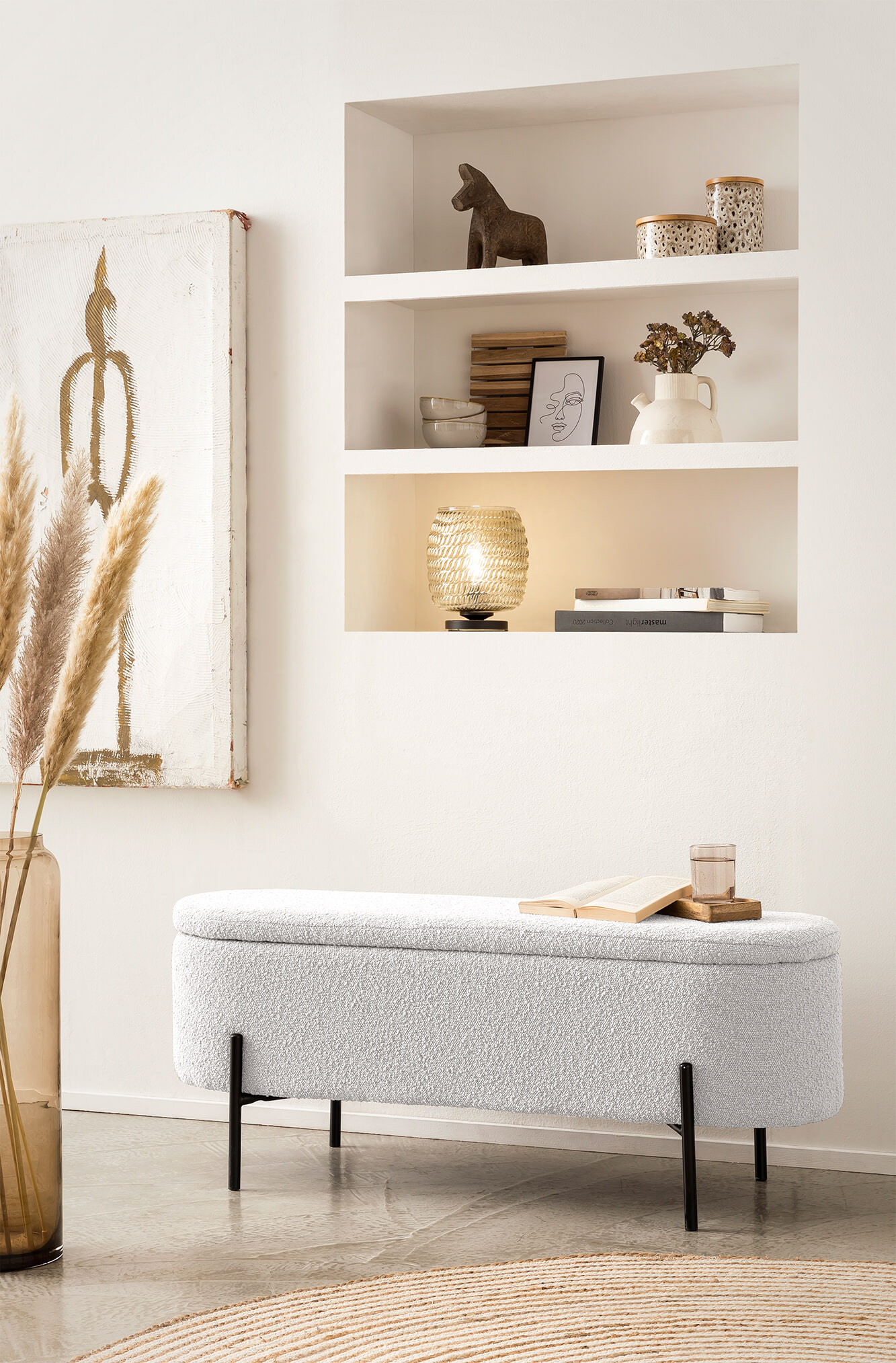 Artistiq bankje 'Clent' 110cm, Bouclé, kleur wit