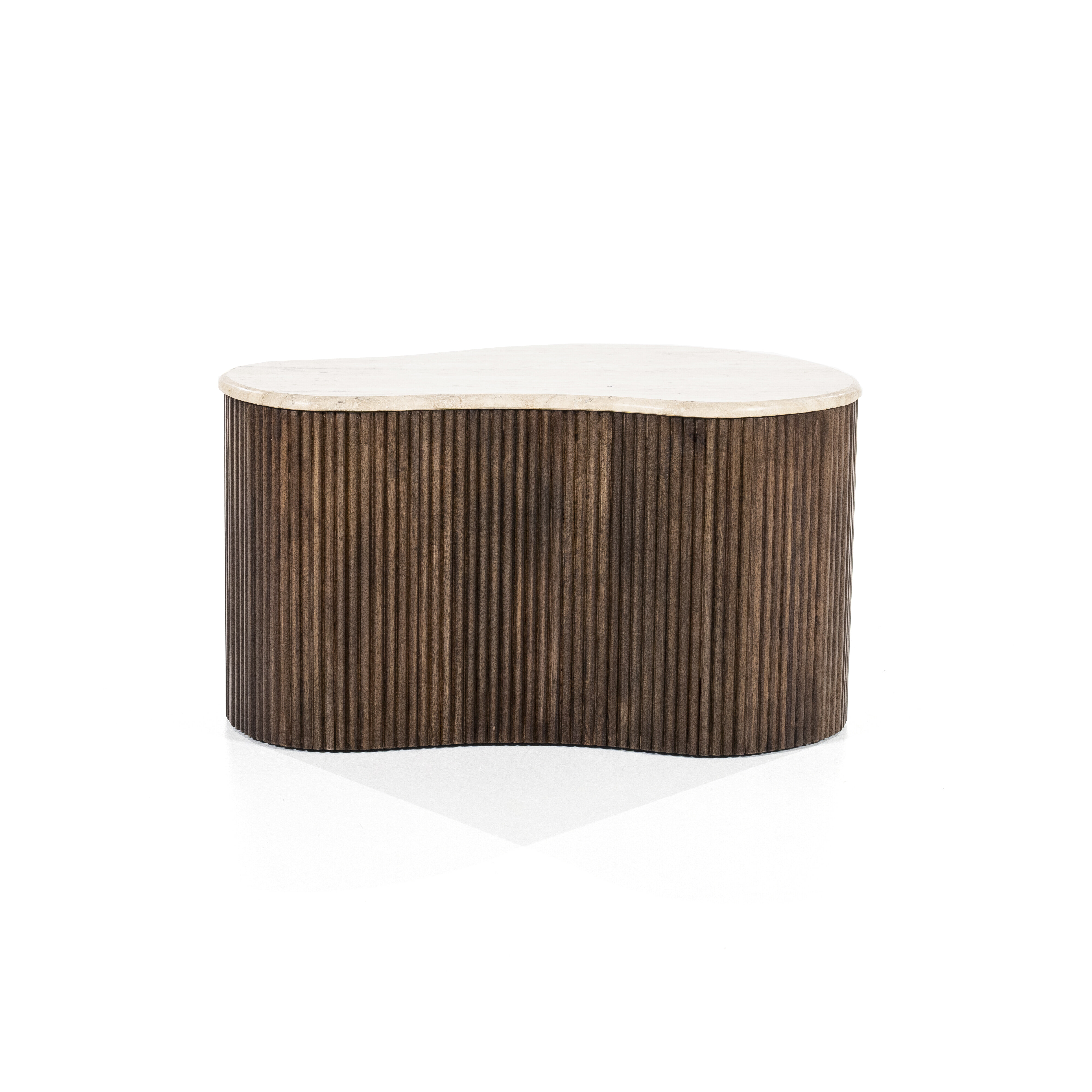 Eleonora Salontafel 'Mari' Organisch, Mangohout en Travertin, 70 x 47cm