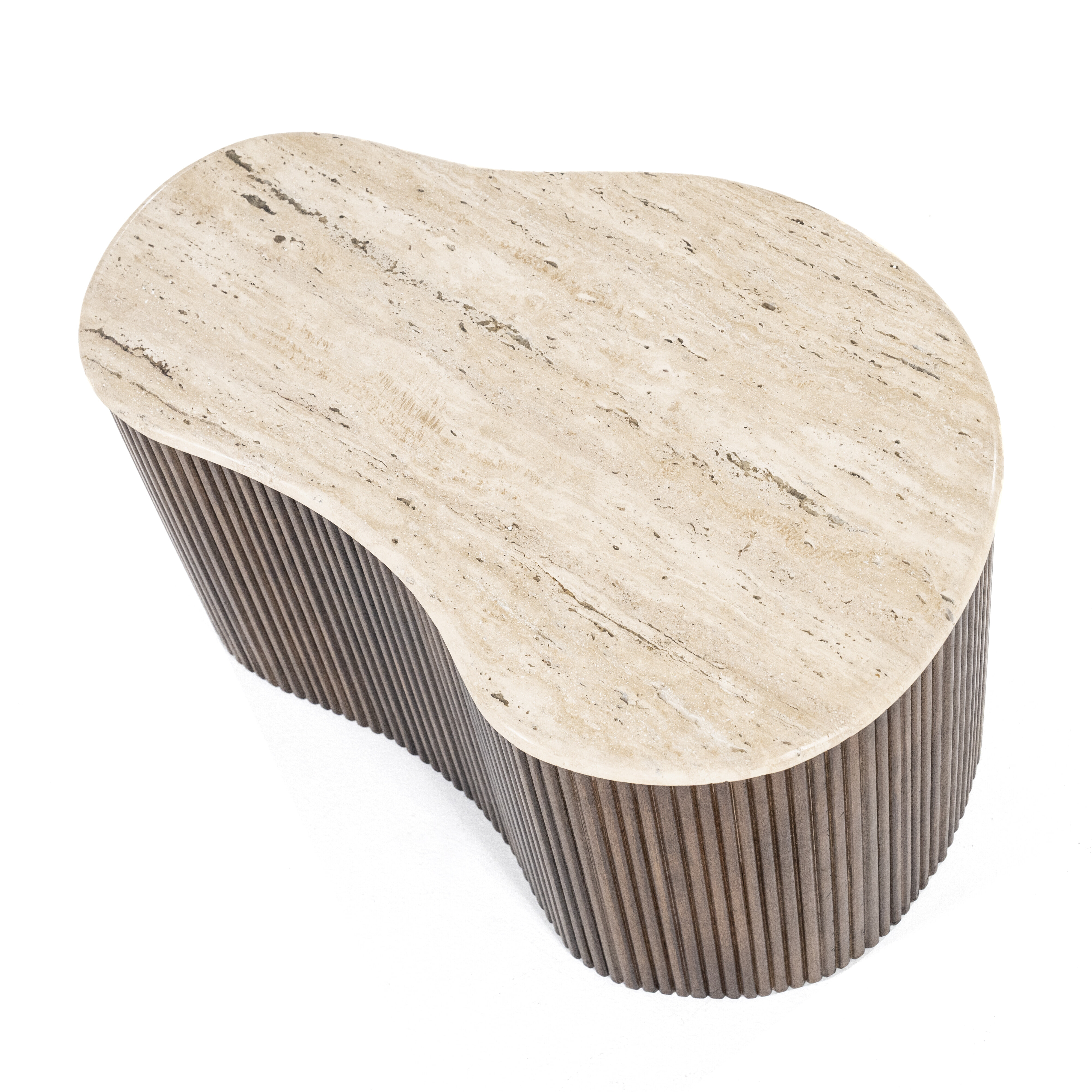 Eleonora Salontafel 'Mari' Organisch, Mangohout en Travertin, 70 x 47cm