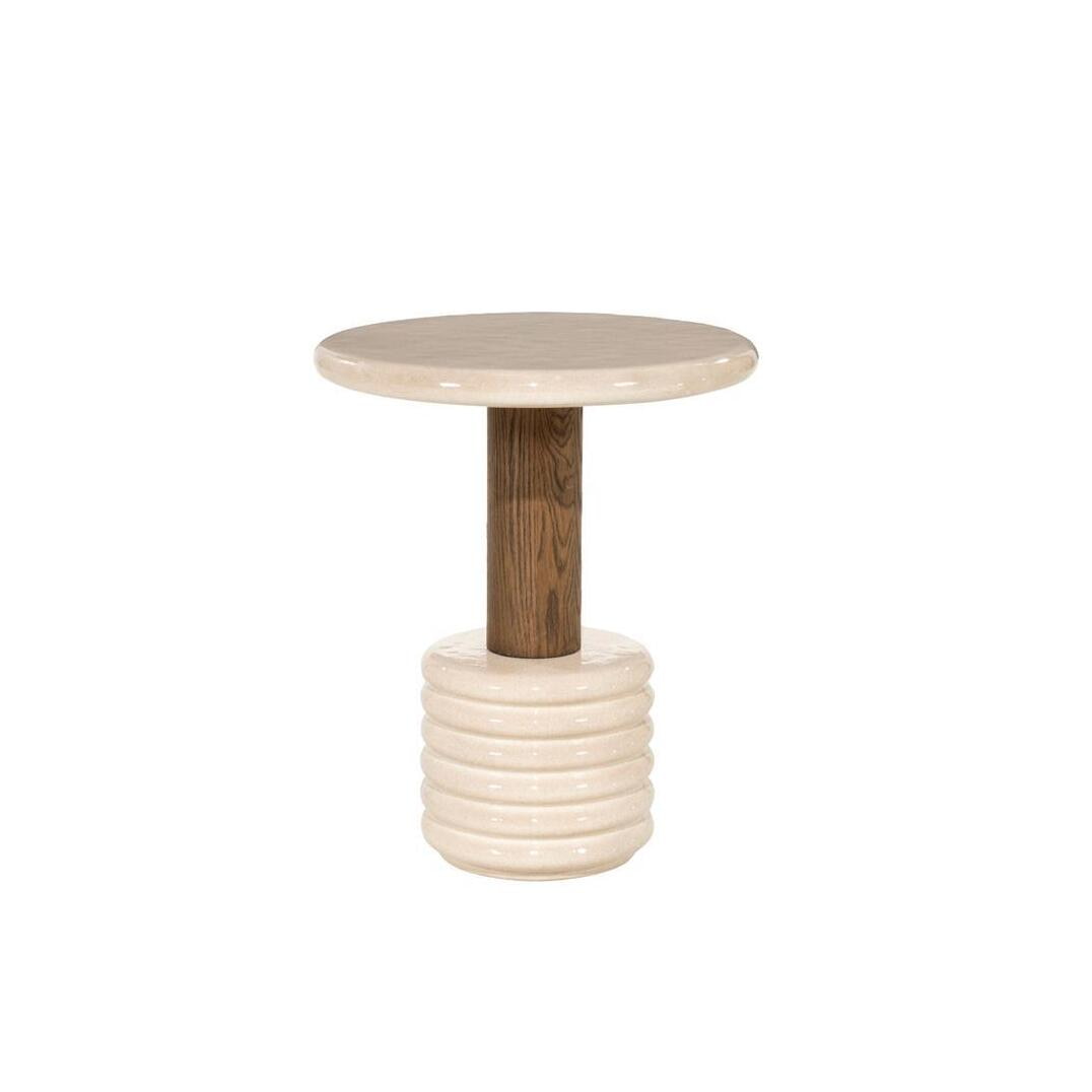 Eleonora Ronde Bijzettafel Kyan High gloss beton en eiken, 55cm - Beige