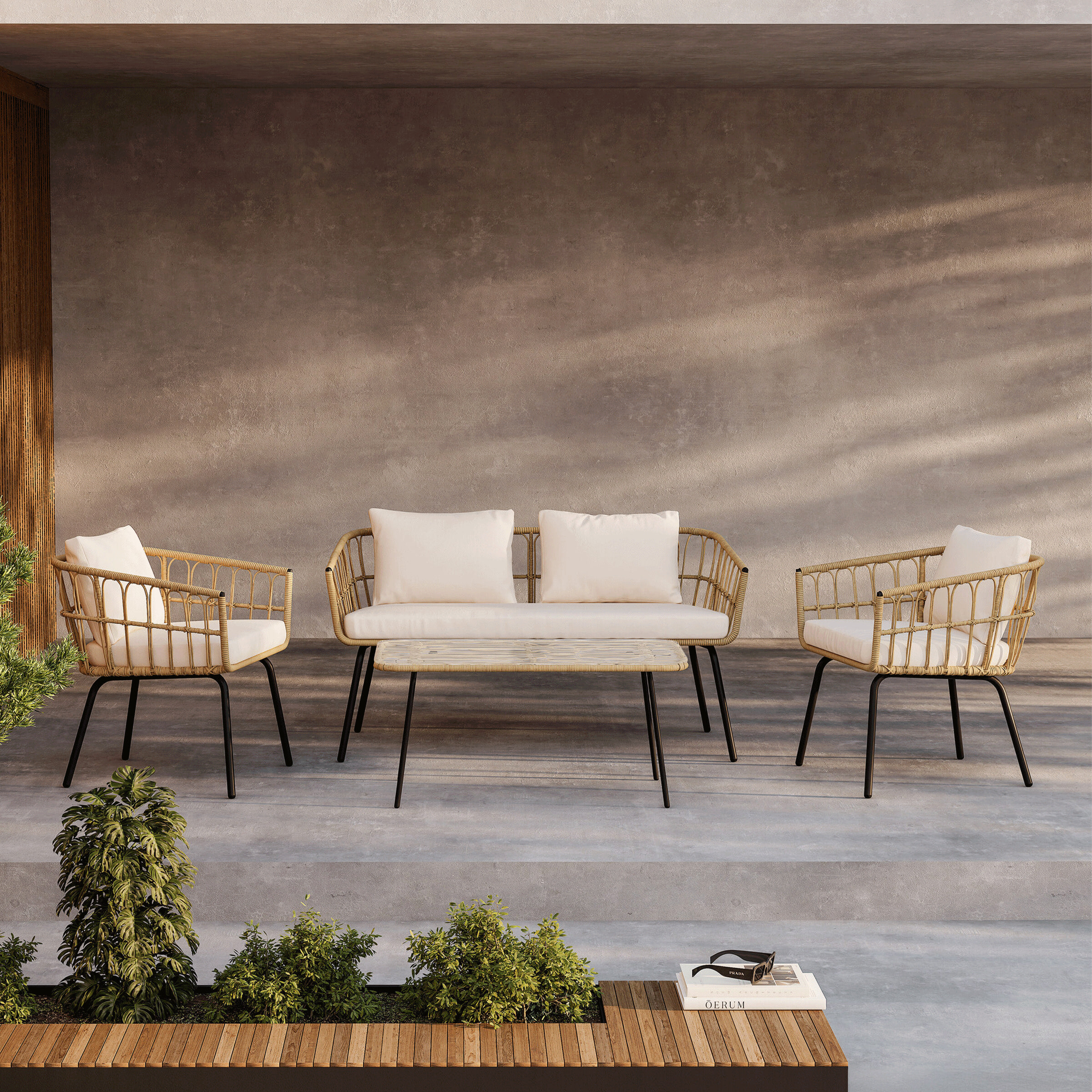 Nohr Loungeset Agustina Rattan, Met bank, 2 loungestoelen en tafel - Naturel