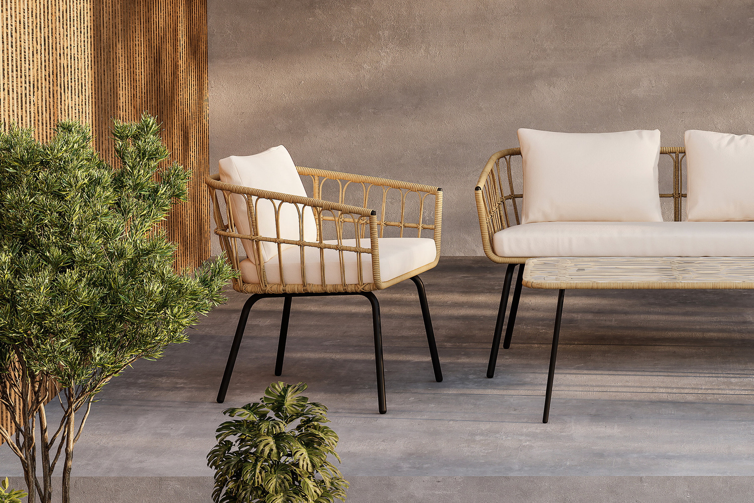 Nohr Loungeset 'Agustina' Rattan, Met bank, 2 loungestoelen en tafel